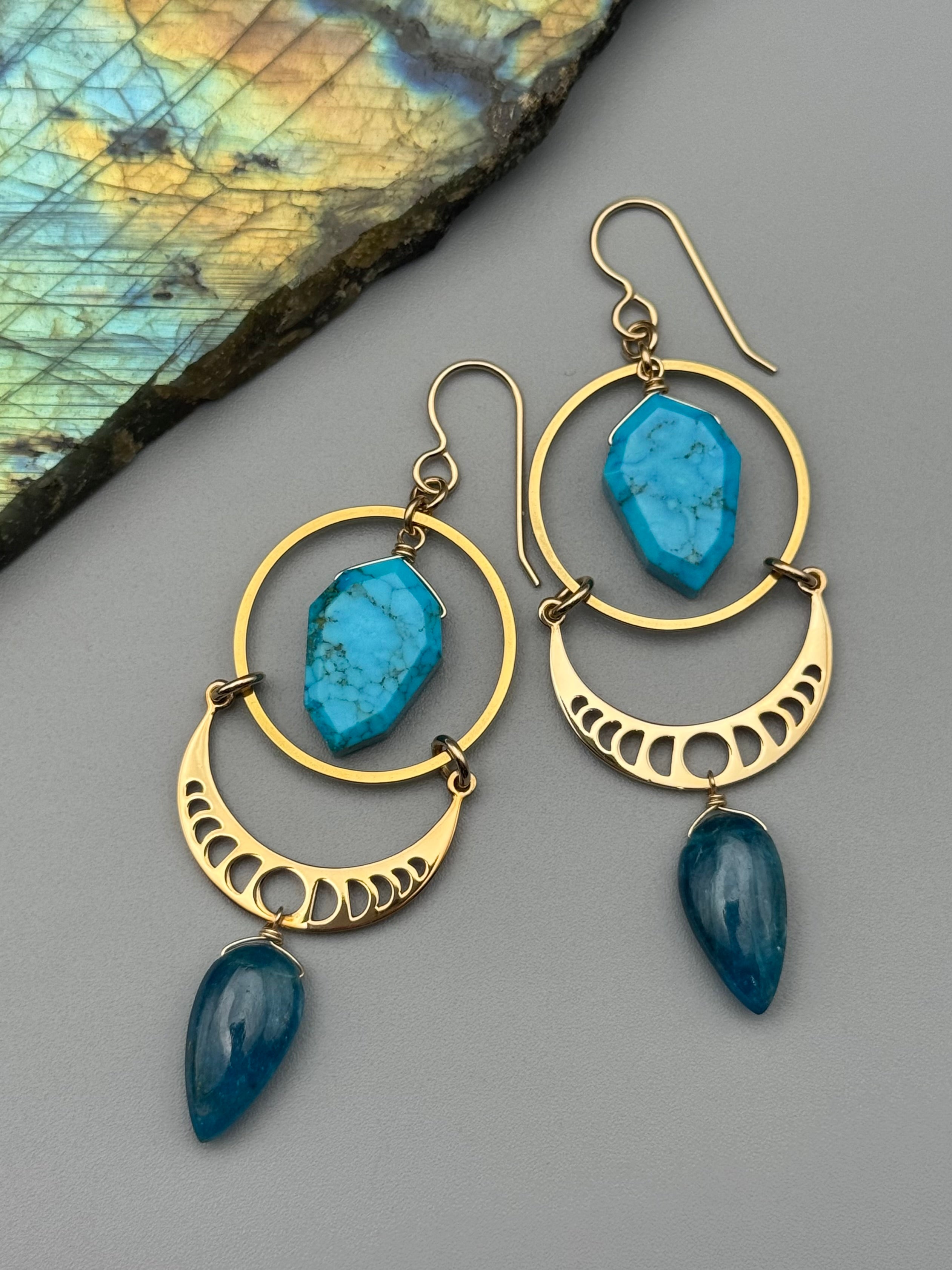 •MOON SHADOWS• turquoise + apatite gold earrings