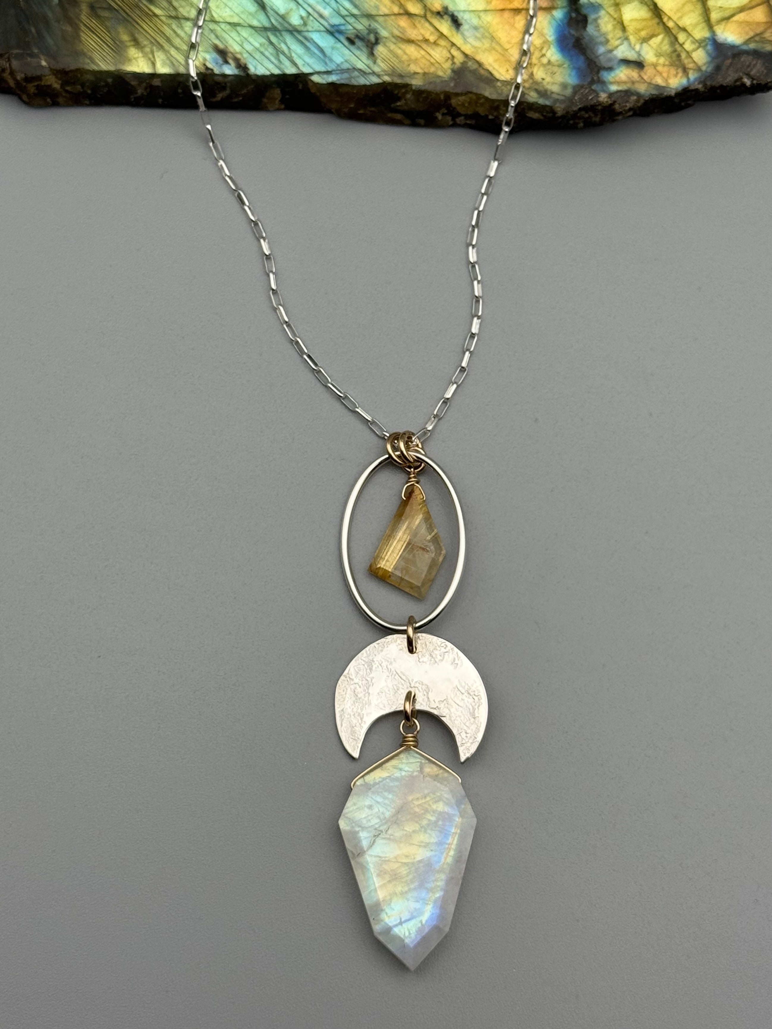 •NYX• rutilated quartz + rainbow moonstone petal mixed metal necklace (26"-28" long)