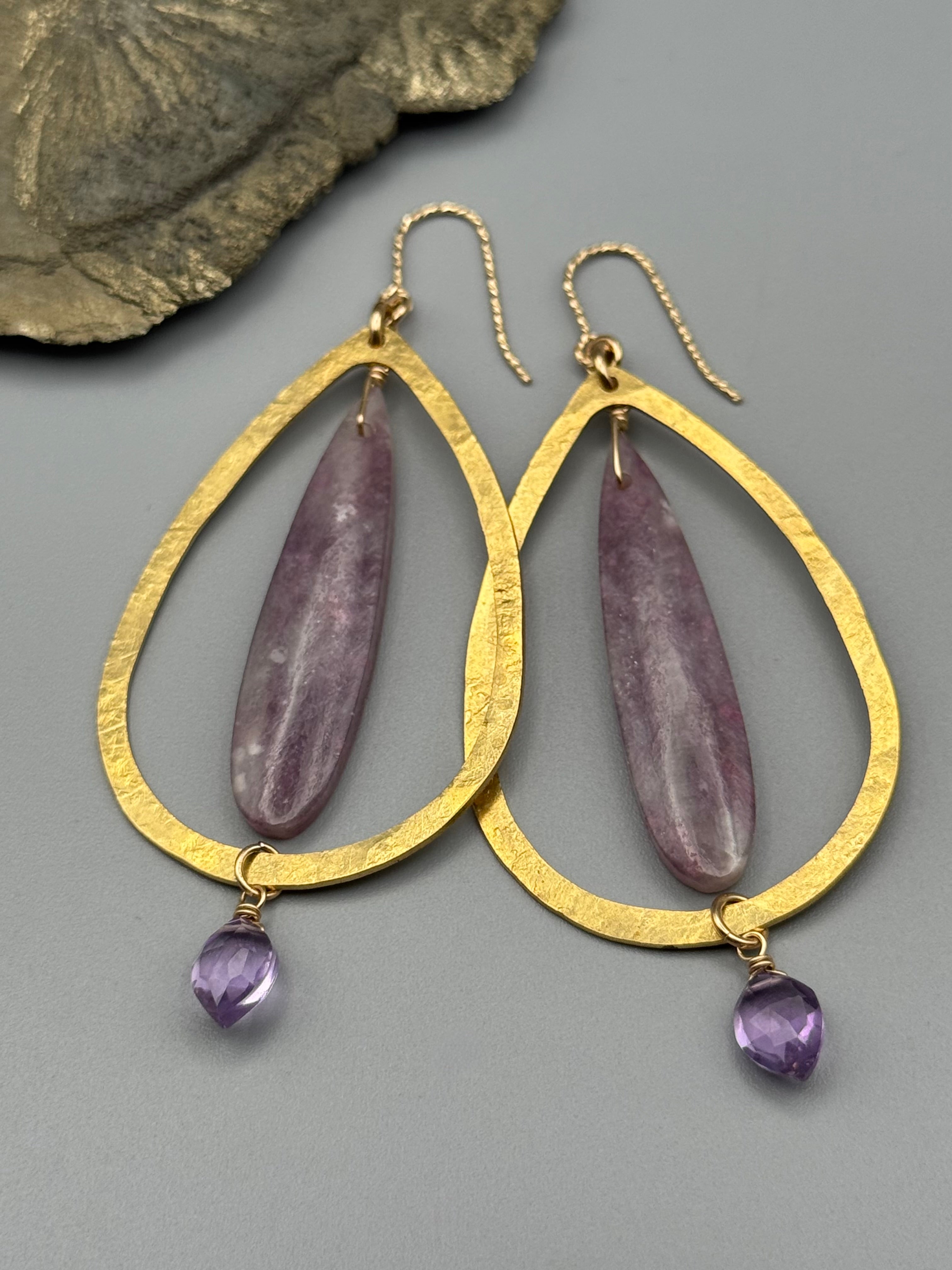 •DRIP DROP• tourmaline in lepidolite + amethyst gold earrings