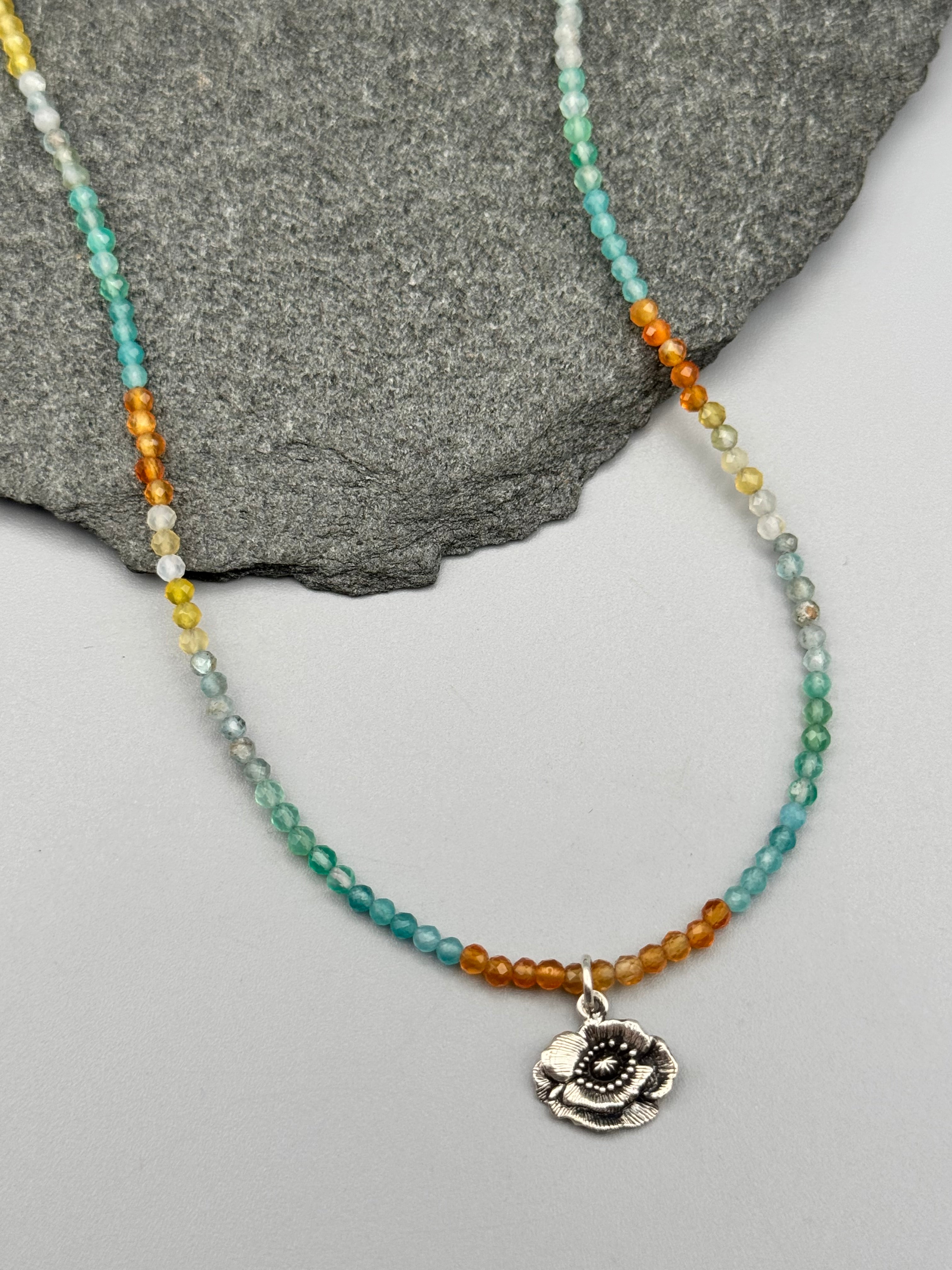•AGATE - POPPY• silver beaded necklace (16.5" long)