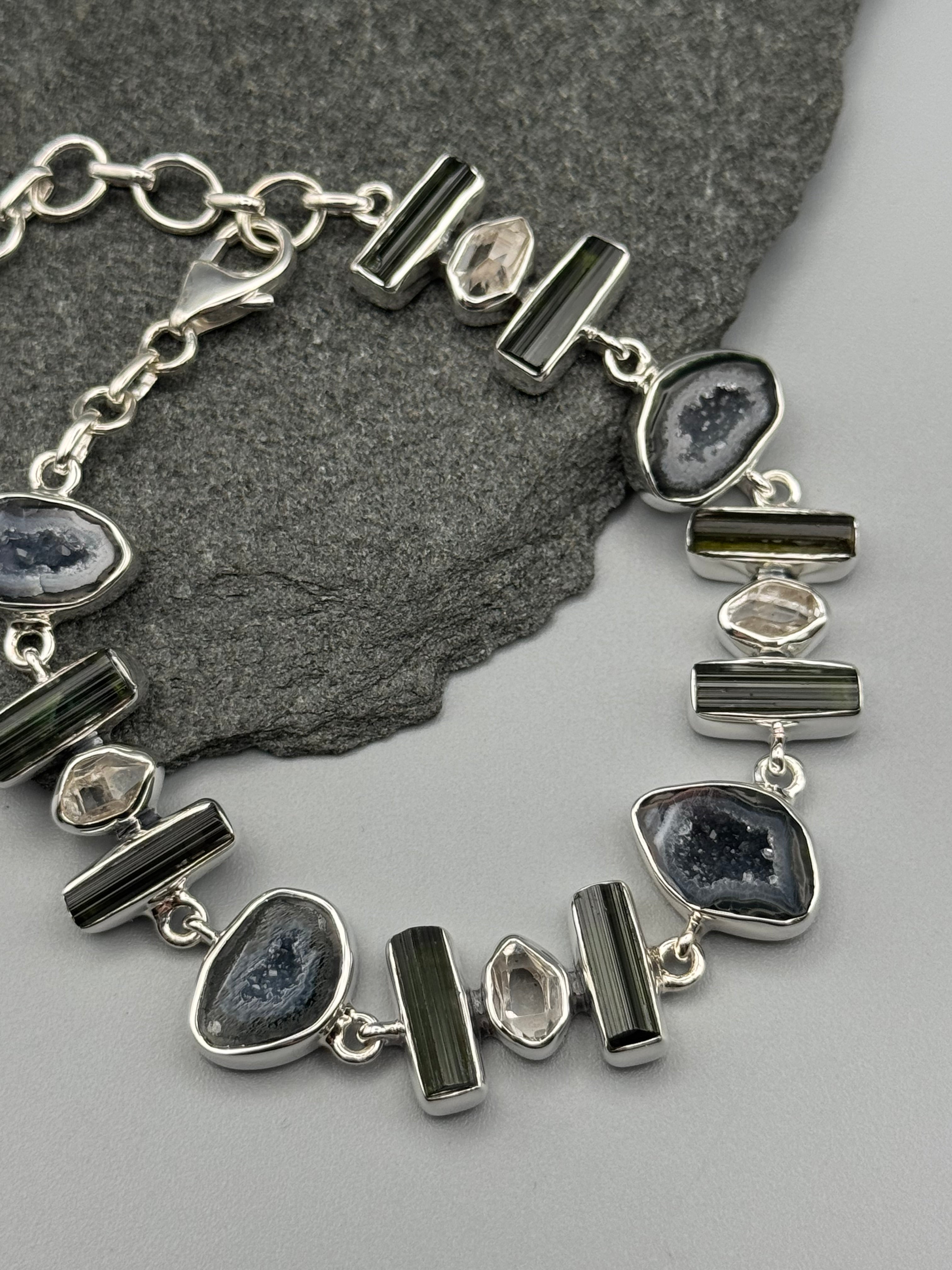 •COCONUT DRUZY + TOURMALINE - MULTI-STONE• linked silver bracelet (7.25" - 9")