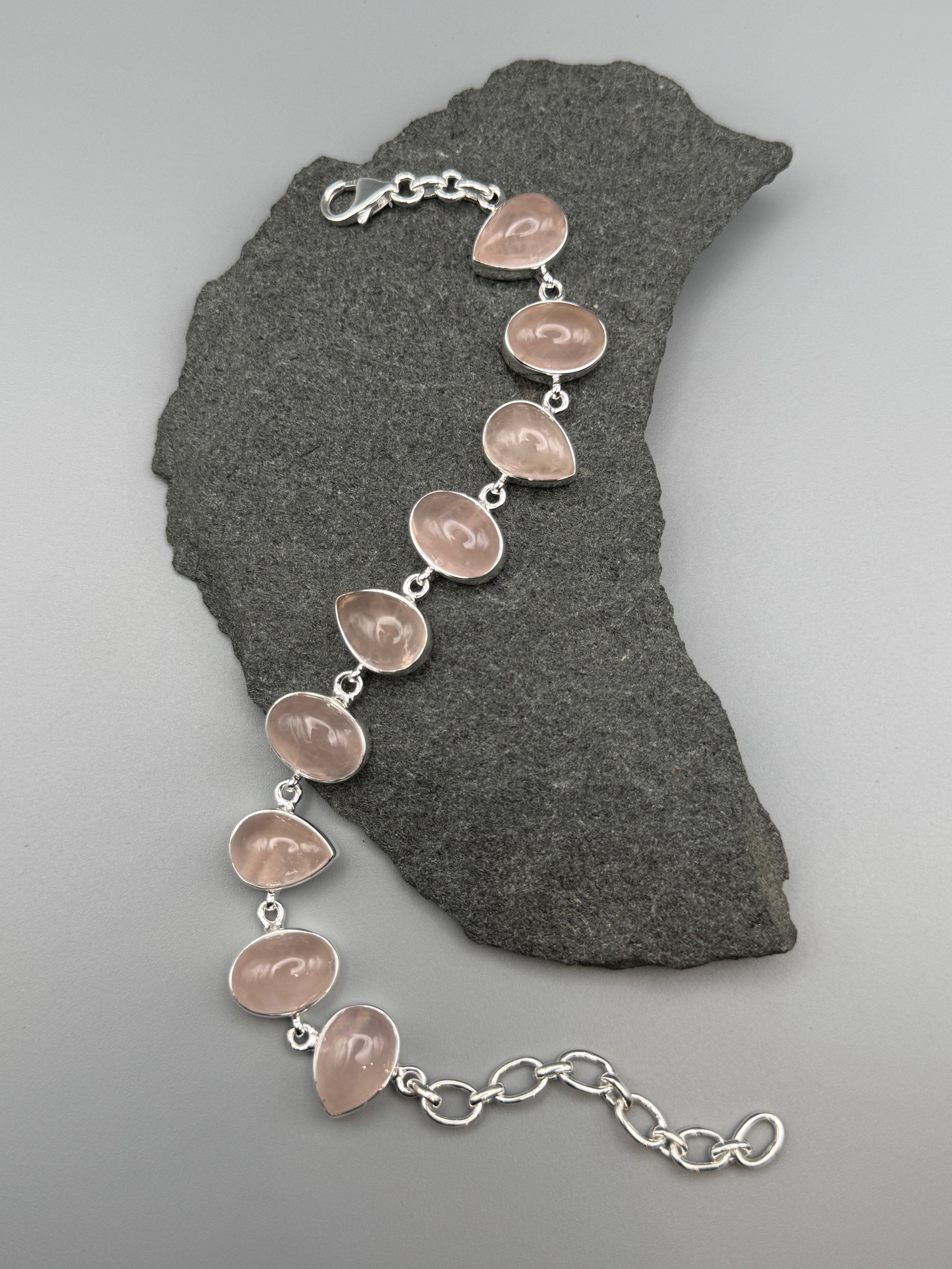 •ROSE QUARTZ - GEO MIX• linked silver bracelet (7" - 9")