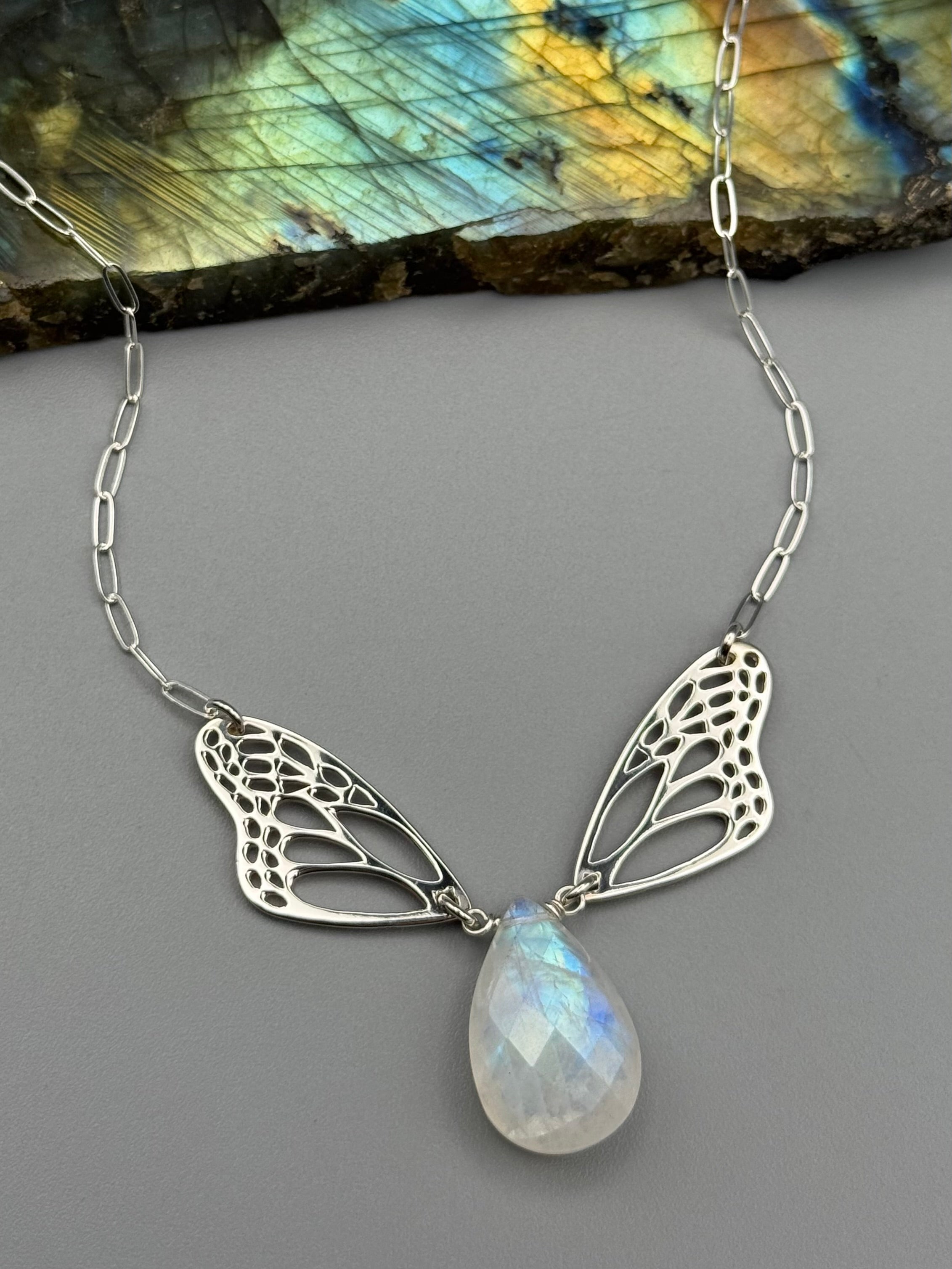 •METAMORPH• rainbow moonstone tear + silver necklace (16"-18" long)