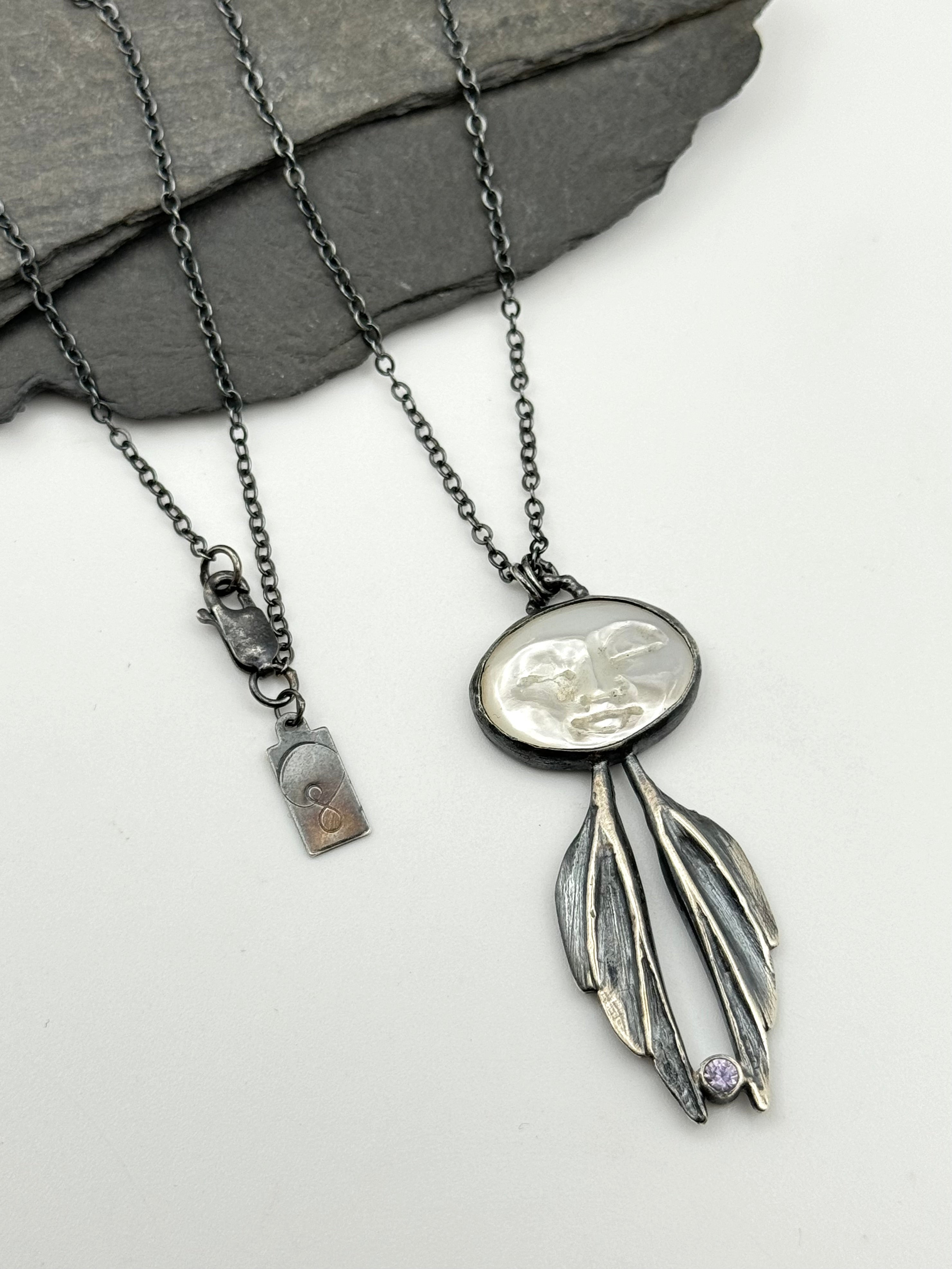 •WINGED MOTHER• carved mother of pearl + sapphire + silver necklace