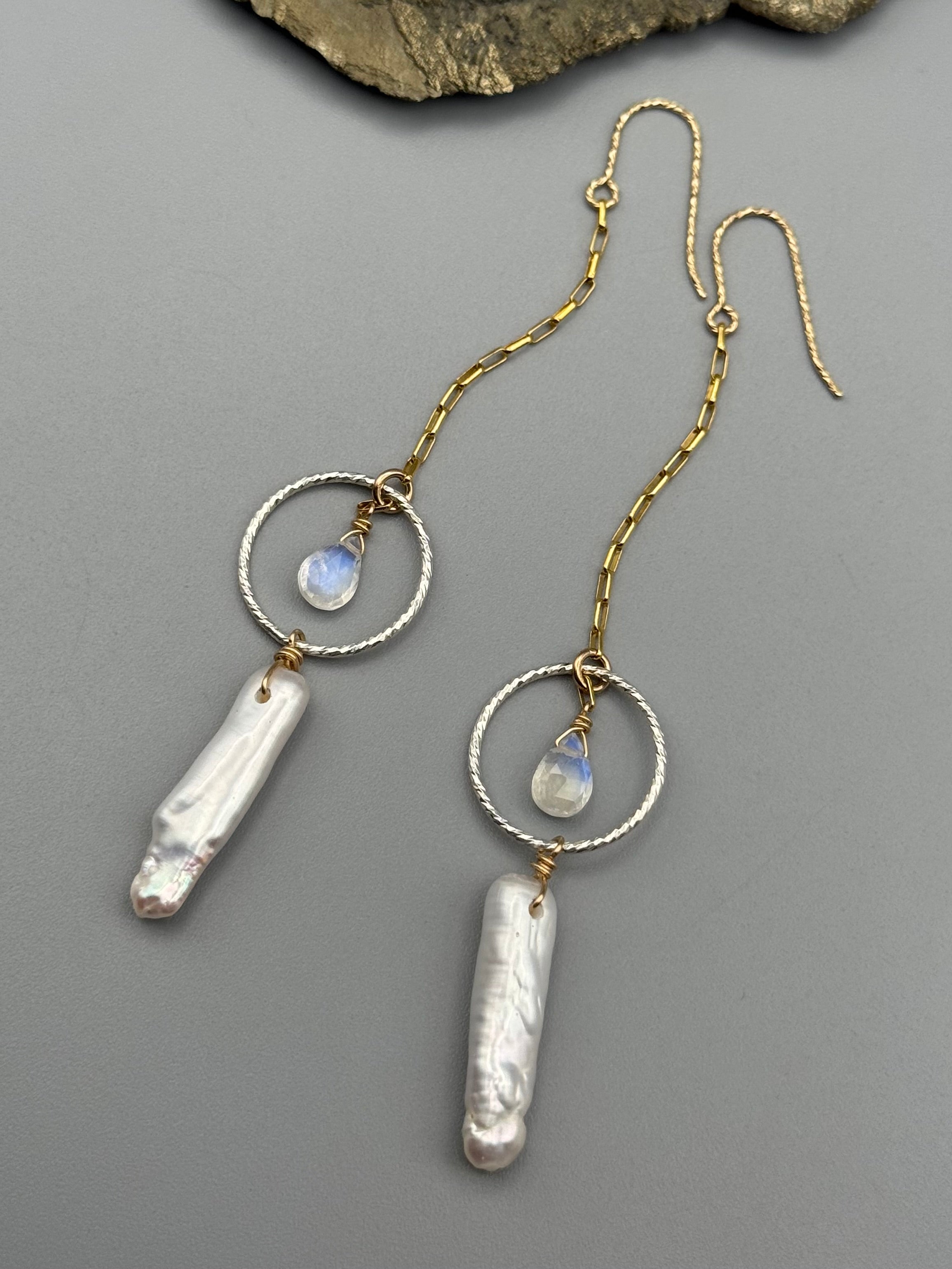 •LINKED LUNA• rainbow moonstone + freshwater pearl mixed metal earrings