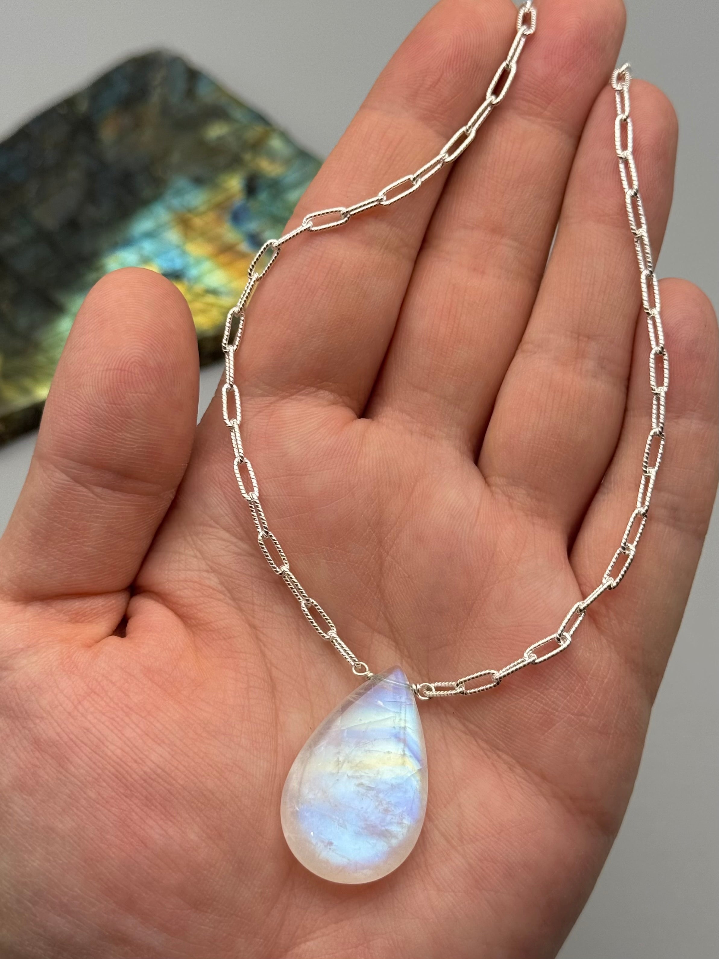•AEON• rainbow moonstone + silver necklace (18"-20" long)