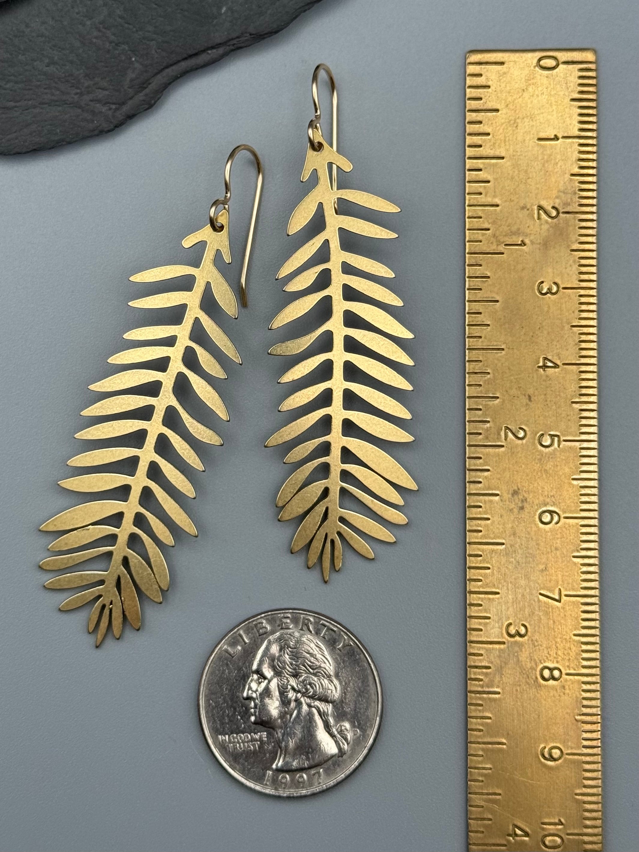 •LONG FERN• gold dangle earrings