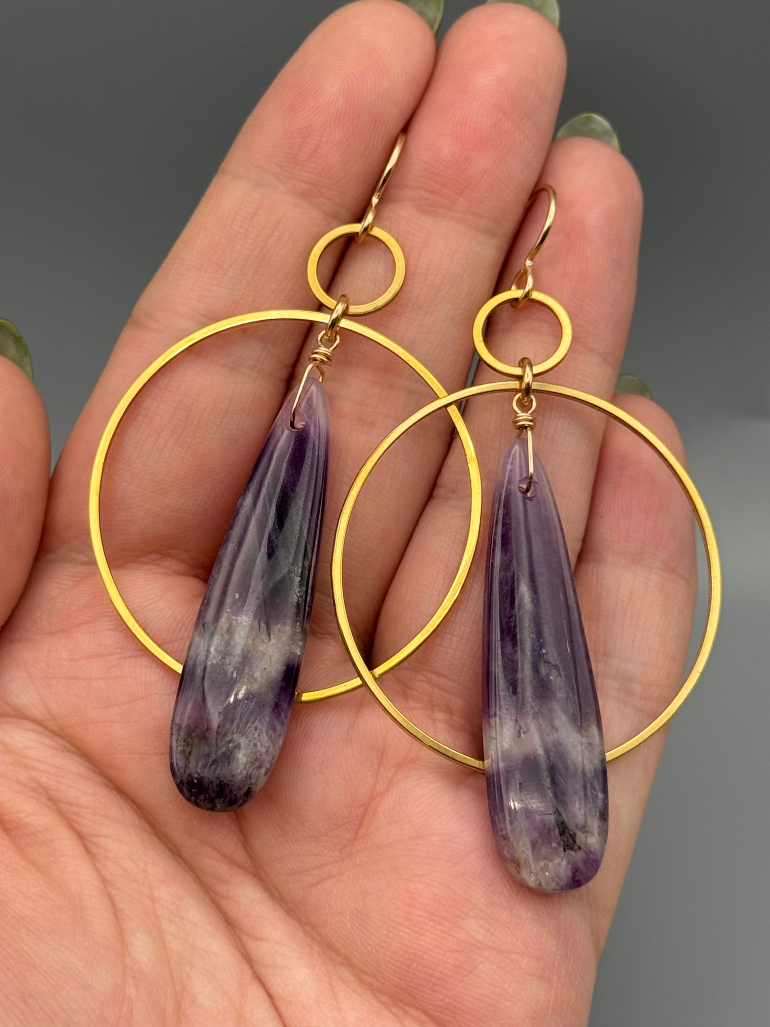 •EQUA-ORBIT• chevron amethyst tear + gold earrings
