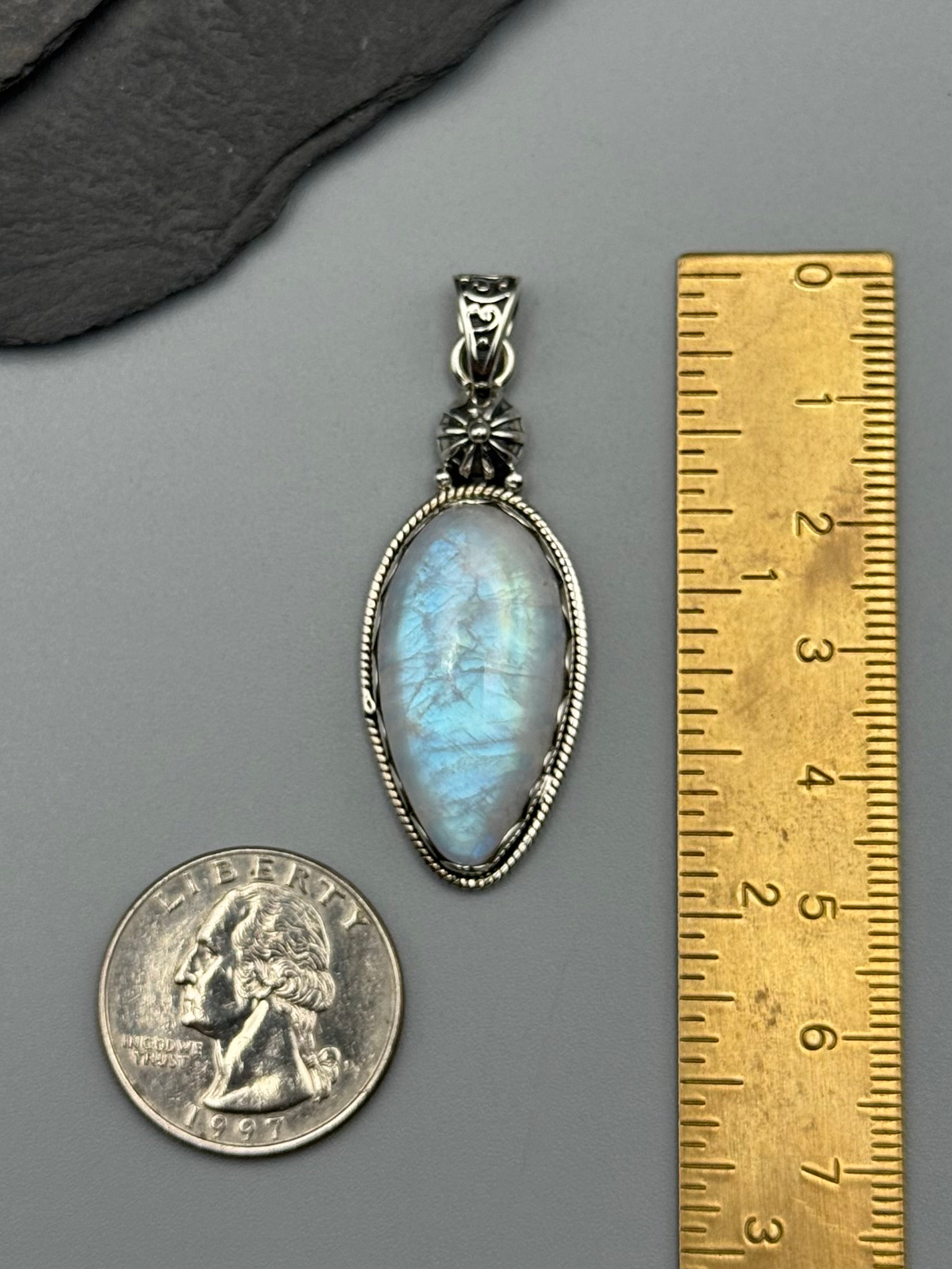 •RAINBOW MOONSTONE - SCALLOPED SPEAR TEAR - 2• sterling silver pendant