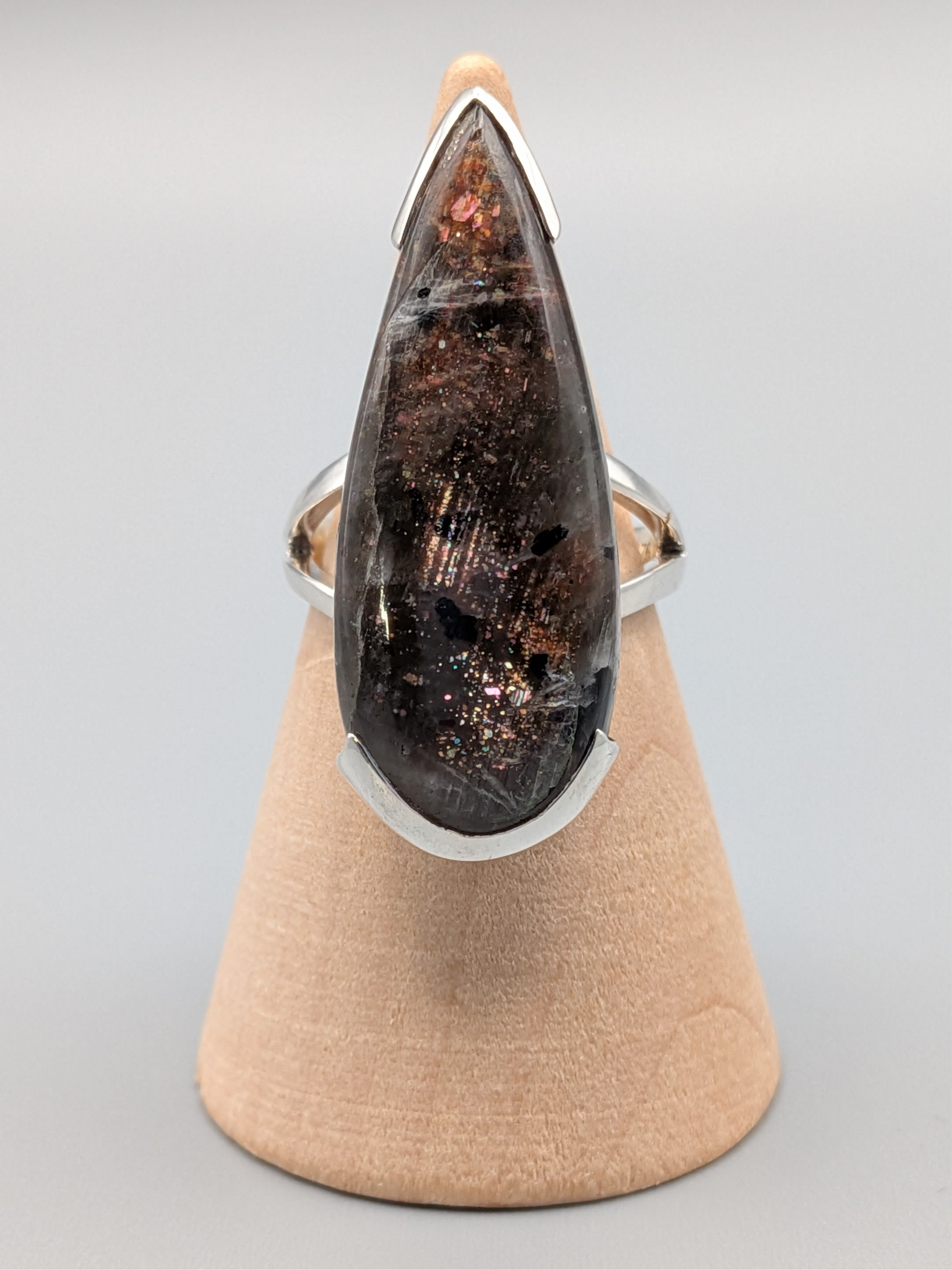 •BLACK SUNSTONE - TEARDROP• bezel capped silver ring (size 6.75)