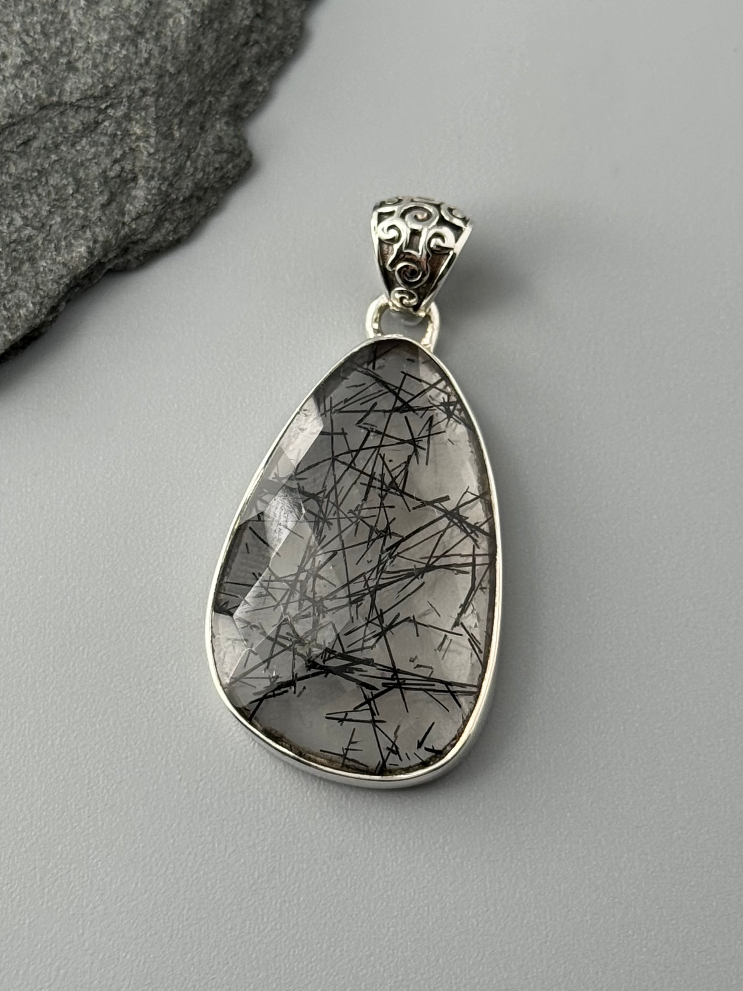 •TOURMALINATED QUARTZ - TEARDROP• sterling silver pendant