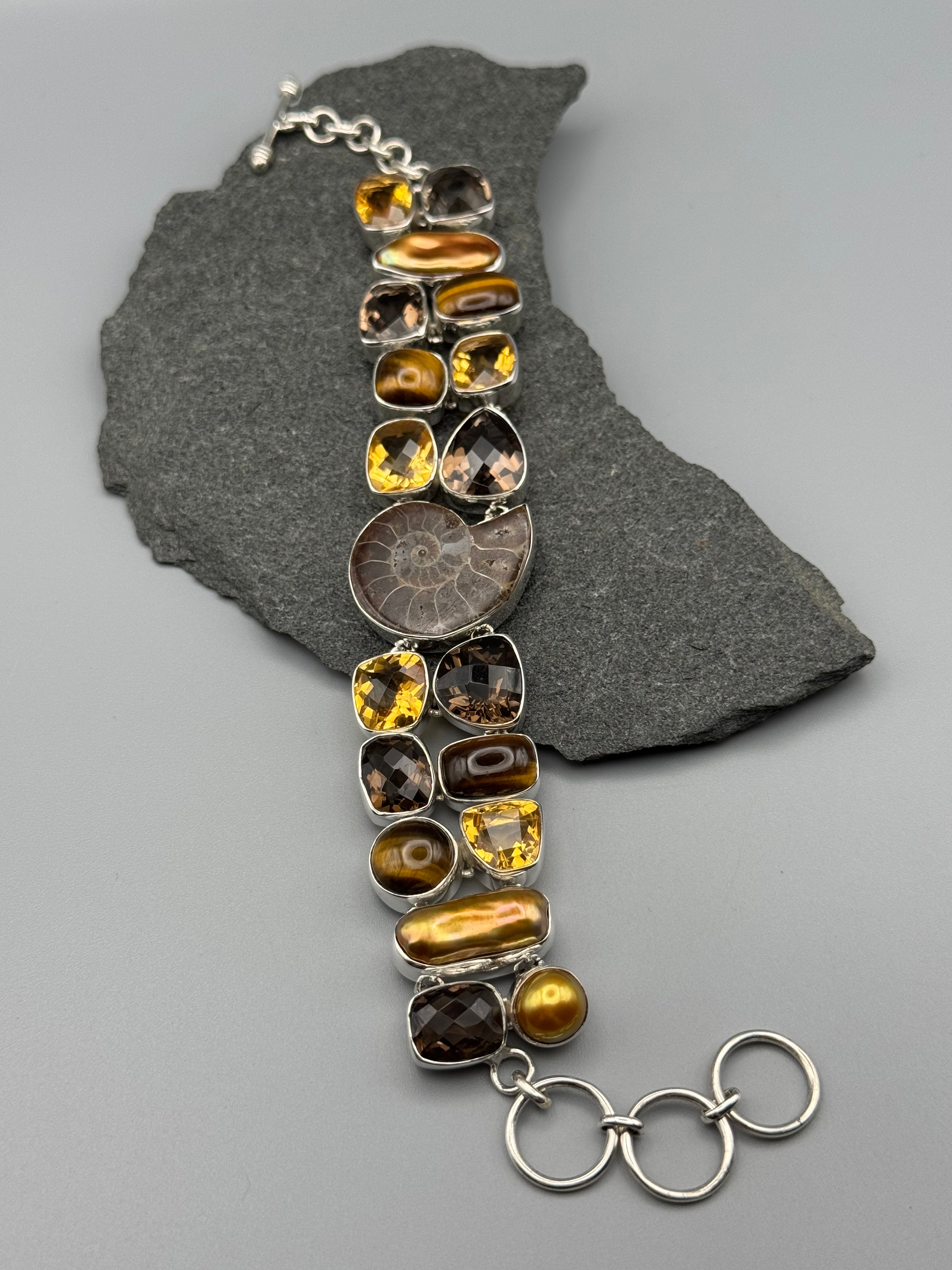 •AMMONITE - MULTI-STONE• linked silver bracelet (7.25" - 8.5")