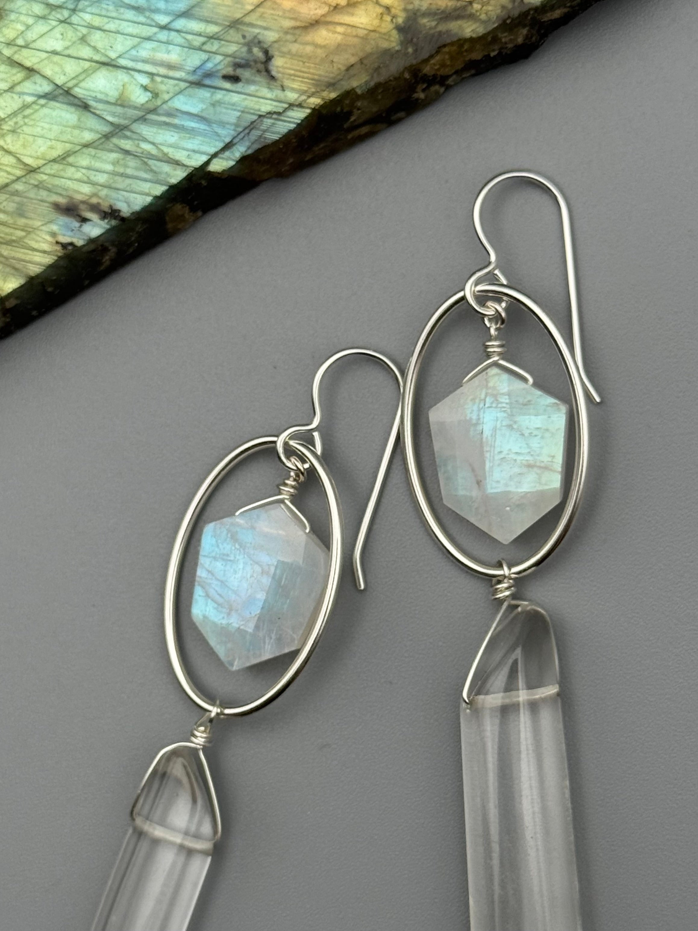 •LUNA• rainbow moonstone + quartz point silver earrings