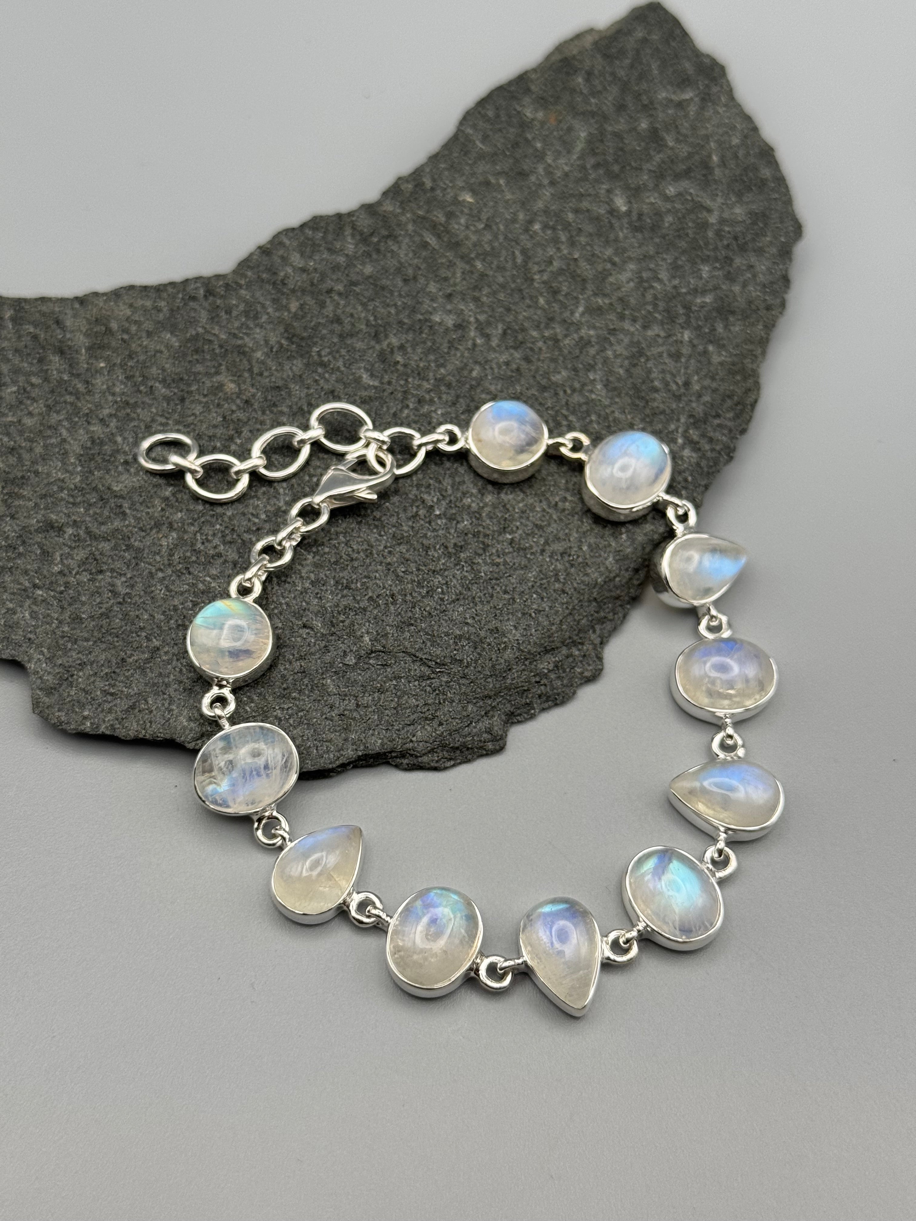 •RAINBOW MOONSTONE - GEO MIX• linked silver bracelet (7.5" - 9")