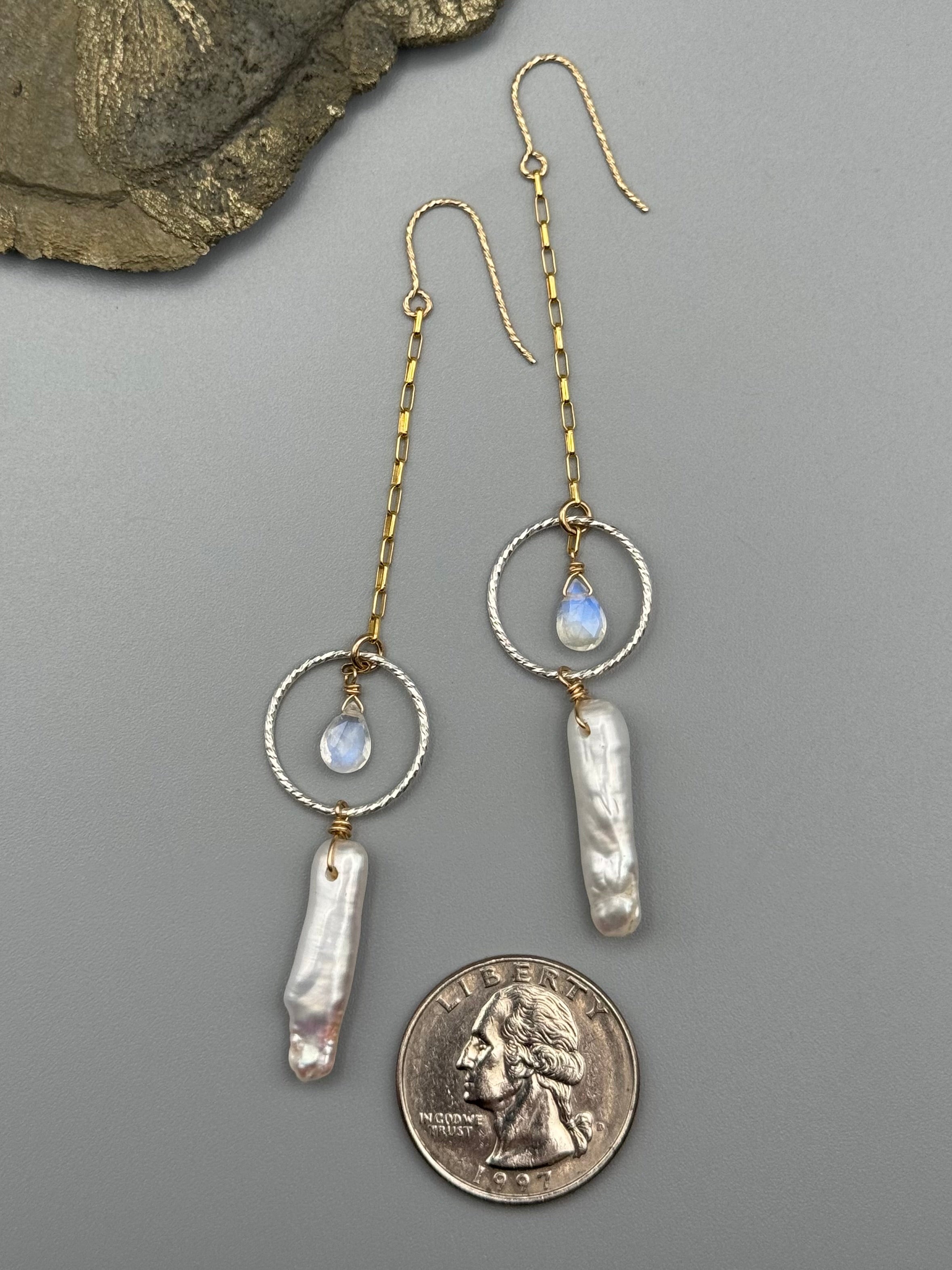 •LINKED LUNA• rainbow moonstone + freshwater pearl mixed metal earrings