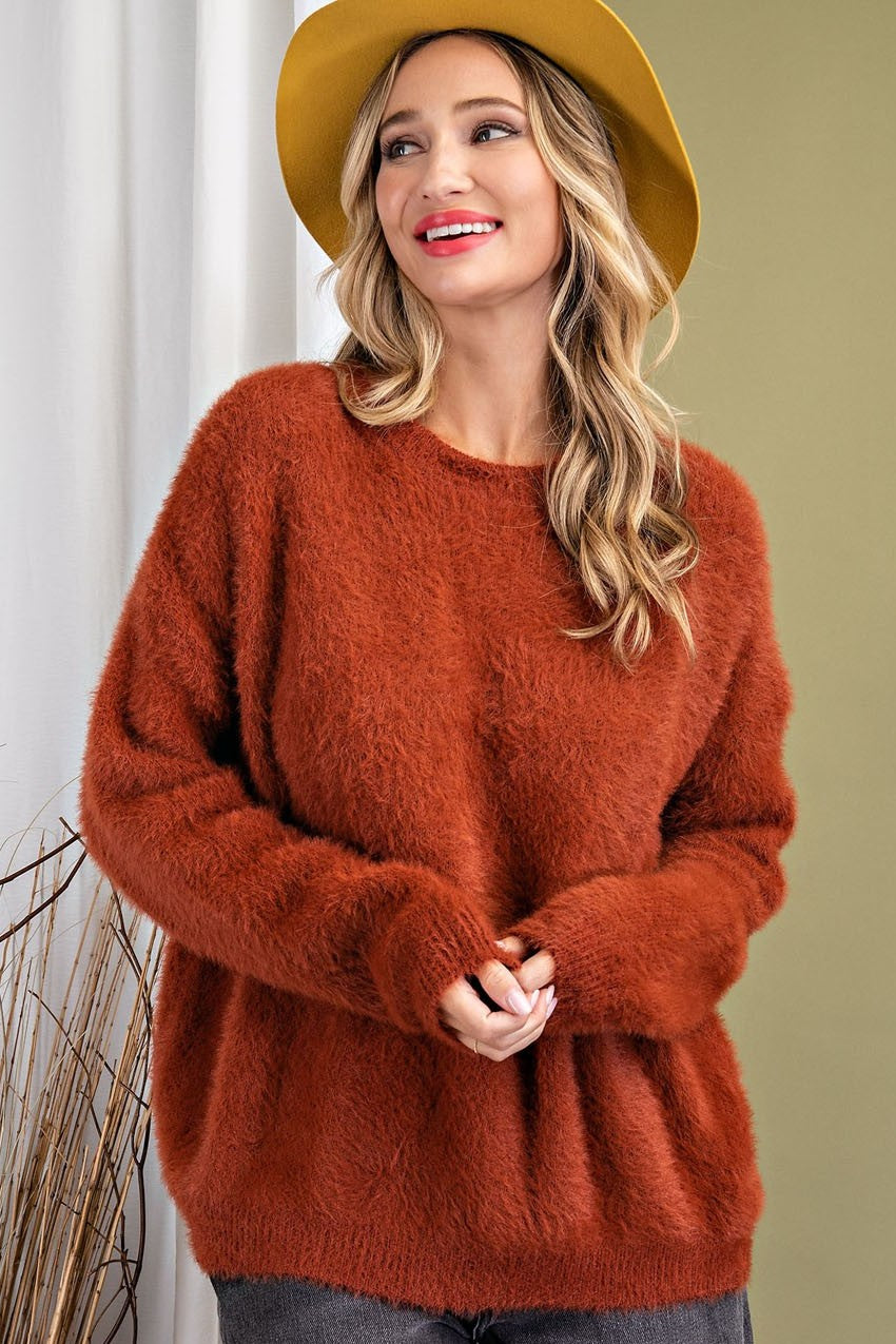 •CHELLA• fuzzy knit open back sweater