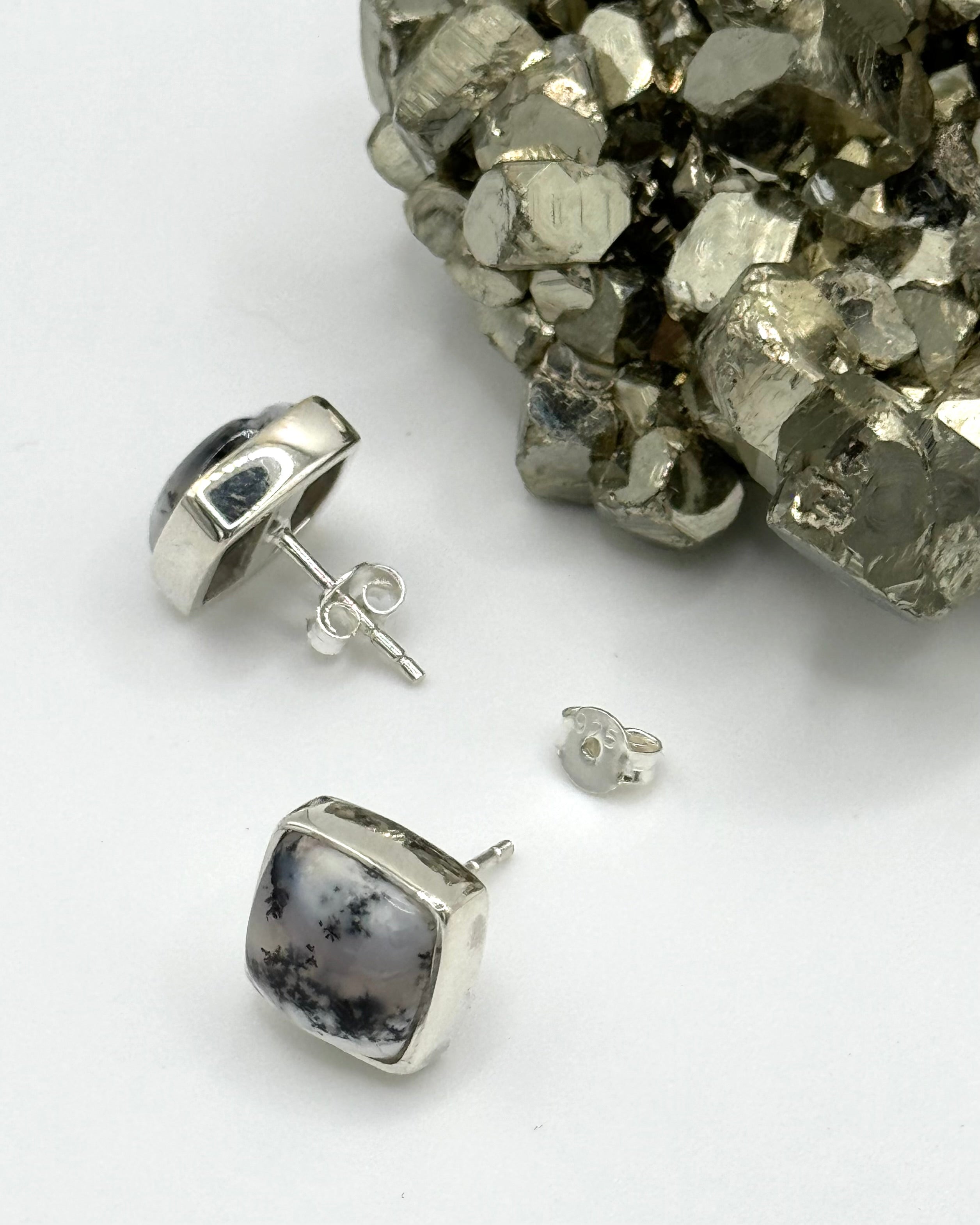 •DENDRITIC OPAL - SQUARE• silver bezel set stud earrings