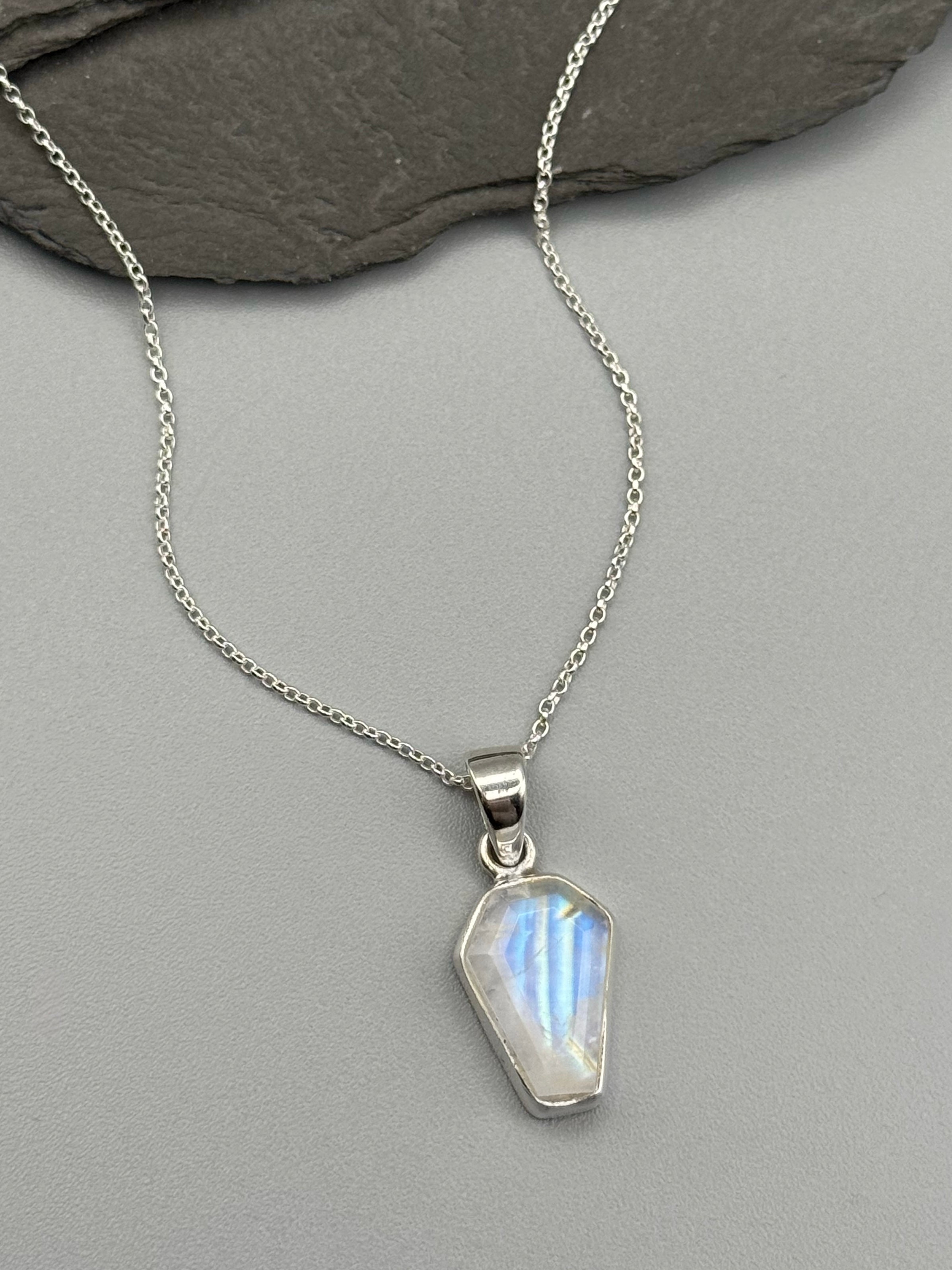 •RAINBOW MOONSTONE - COFFIN• simple bezel silver necklace (18" long)