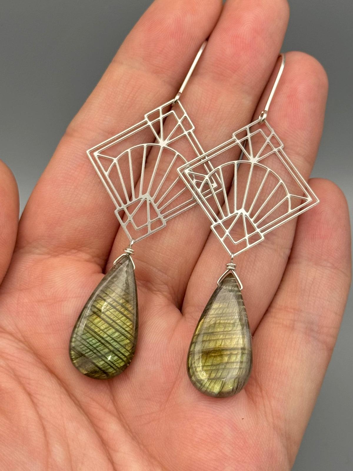 •DECO DIAMOND• golden labradorite tear + silver earrings