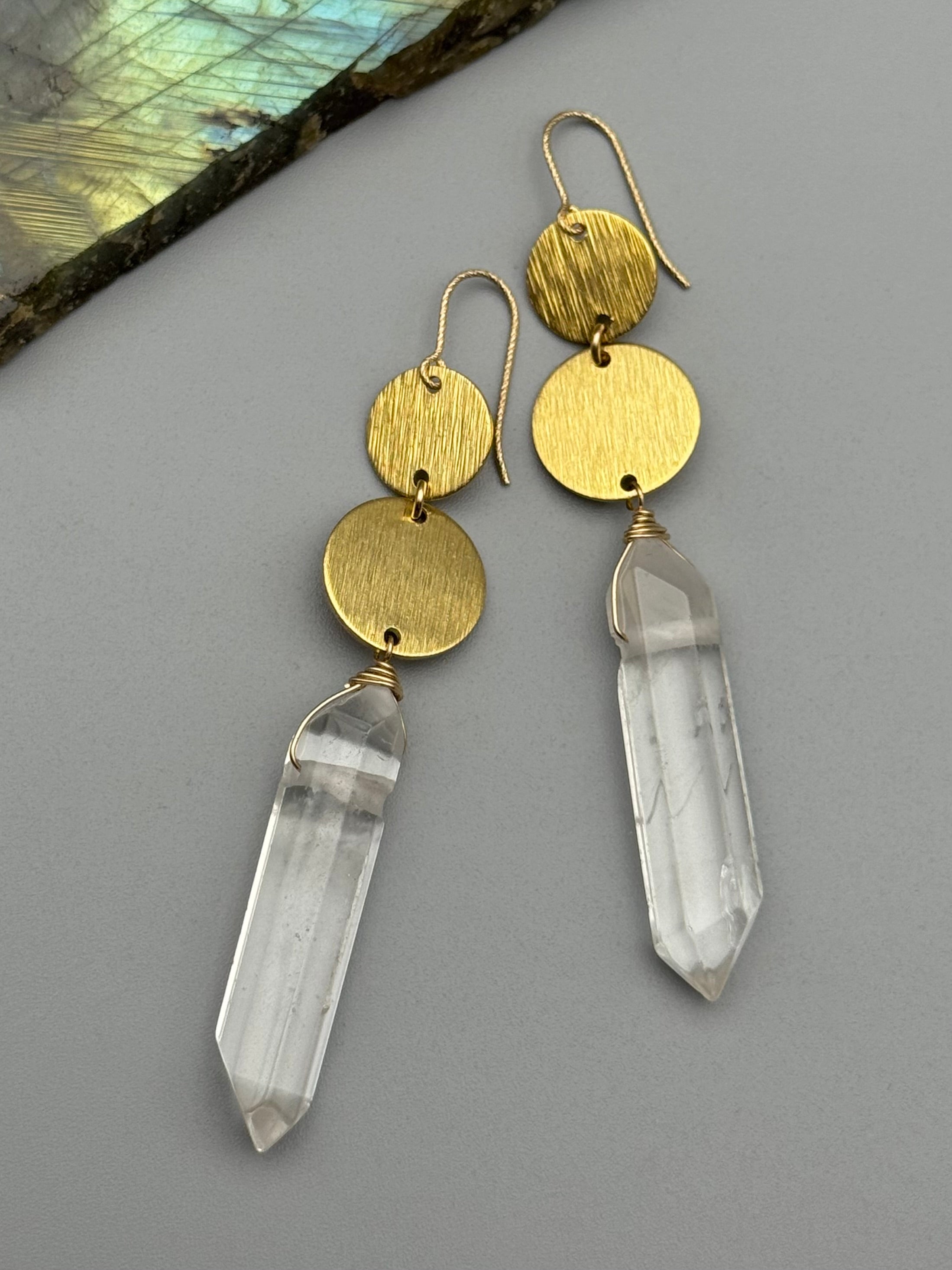•MOON STACK• double terminated quartz + gold earrings