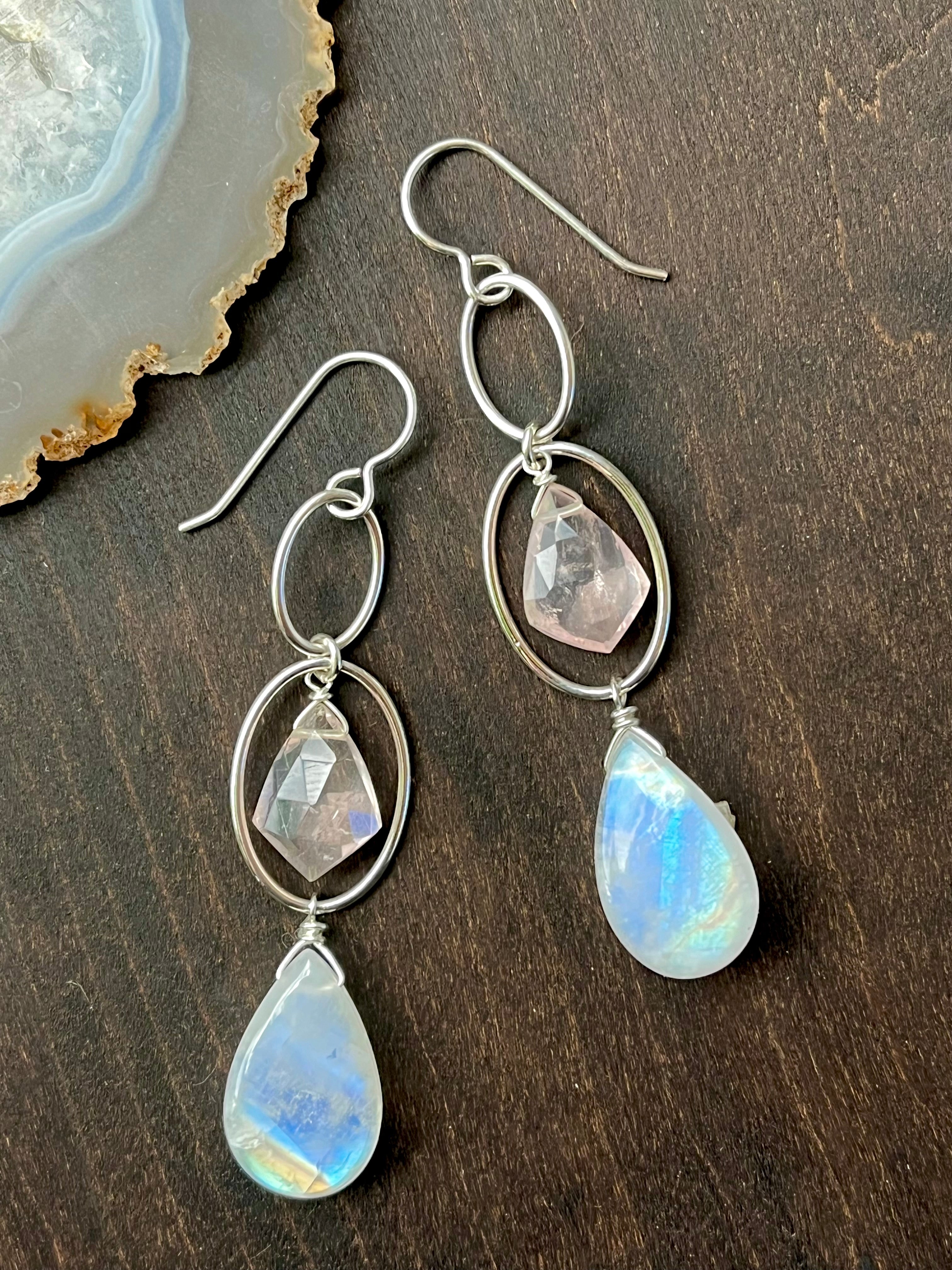 •DOUBLE LUNA• rainbow moonstone + rose quartz silver dangle earrings