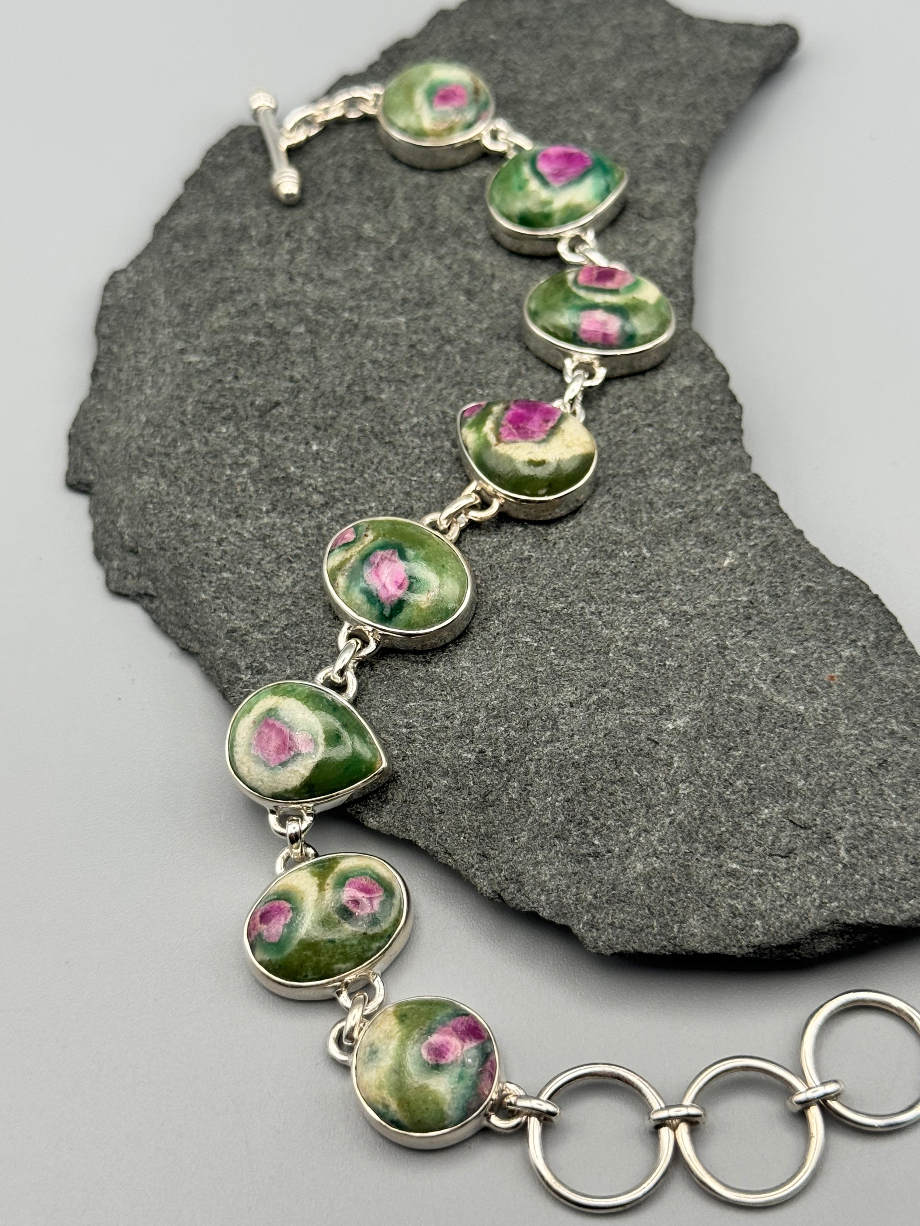 •RUBY FUCHSITE - GEO MIX• linked silver bracelet (7.25" - 8.5")