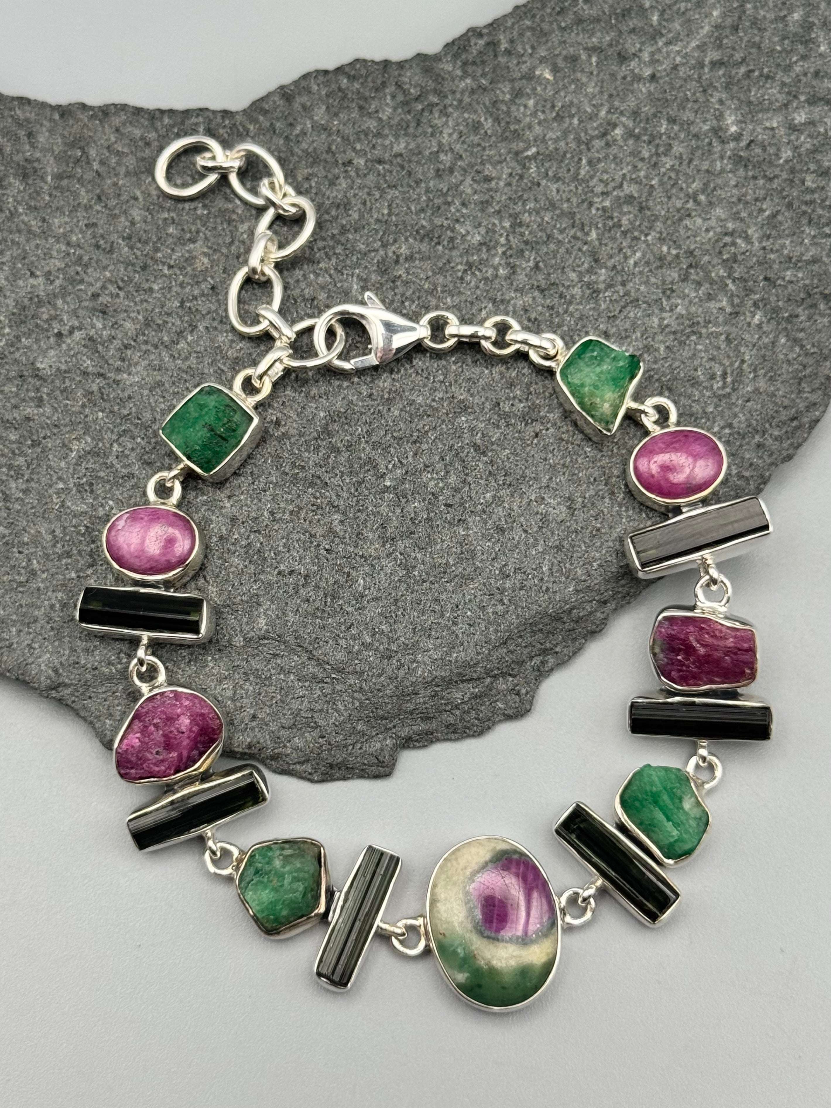 •RUBY FUCHSITE - MULTI-STONE• linked silver bracelet (7.5" - 9")