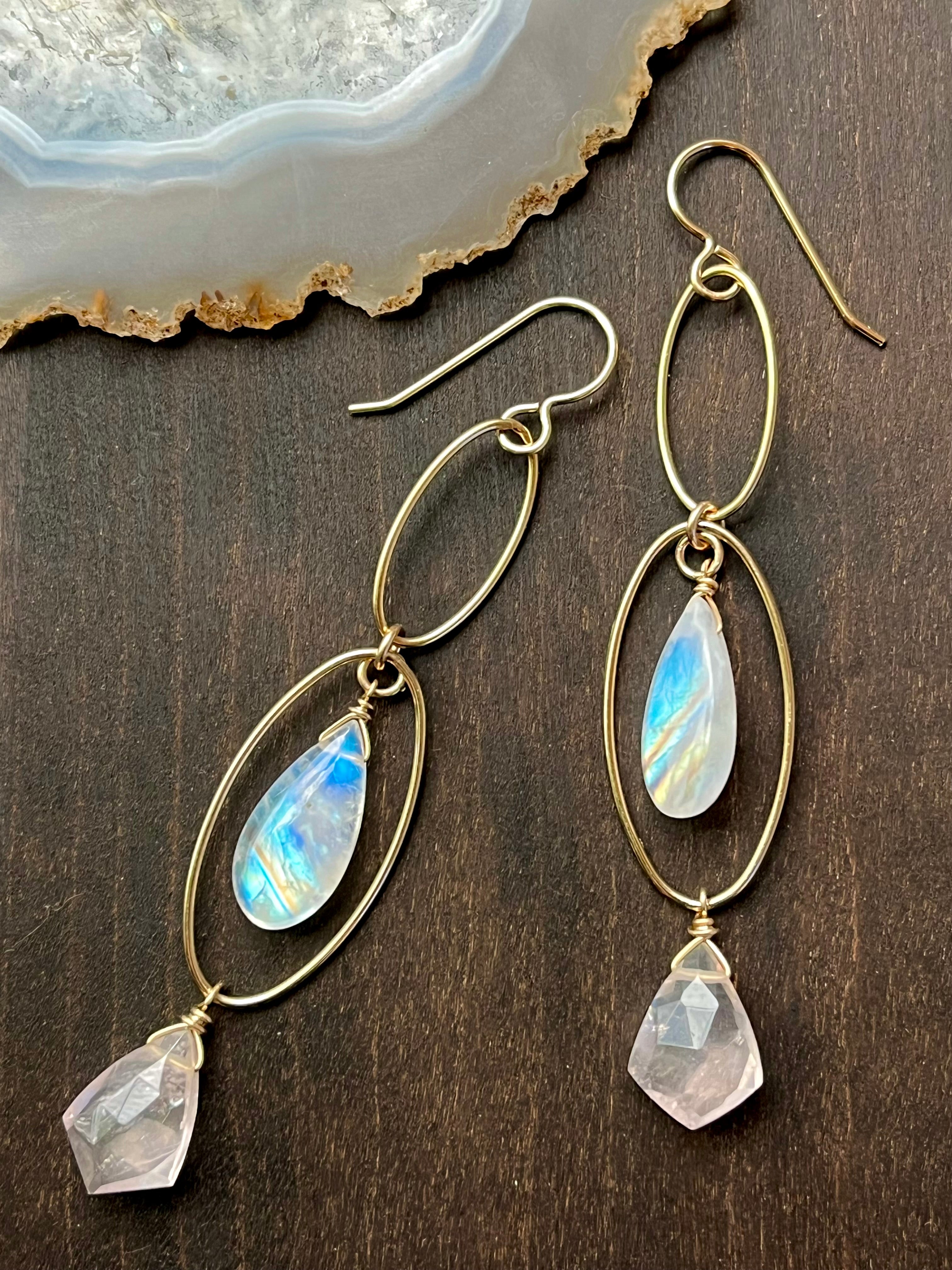 •DOUBLE LUNA• rose quartz + rainbow moonstone gold dangle earrings