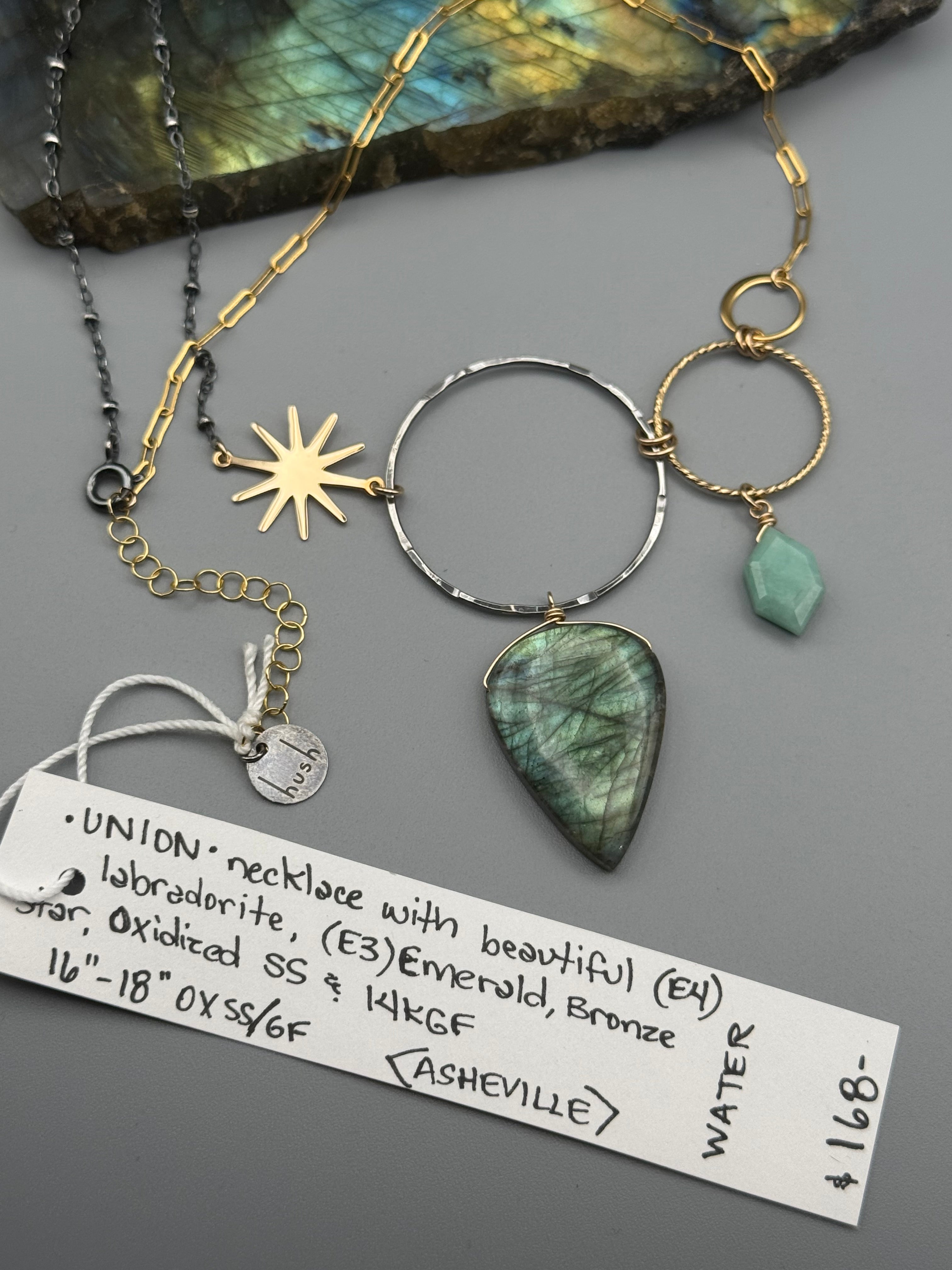 •UNION• emerald + labradorite mixed metal necklace (16"-18" long)