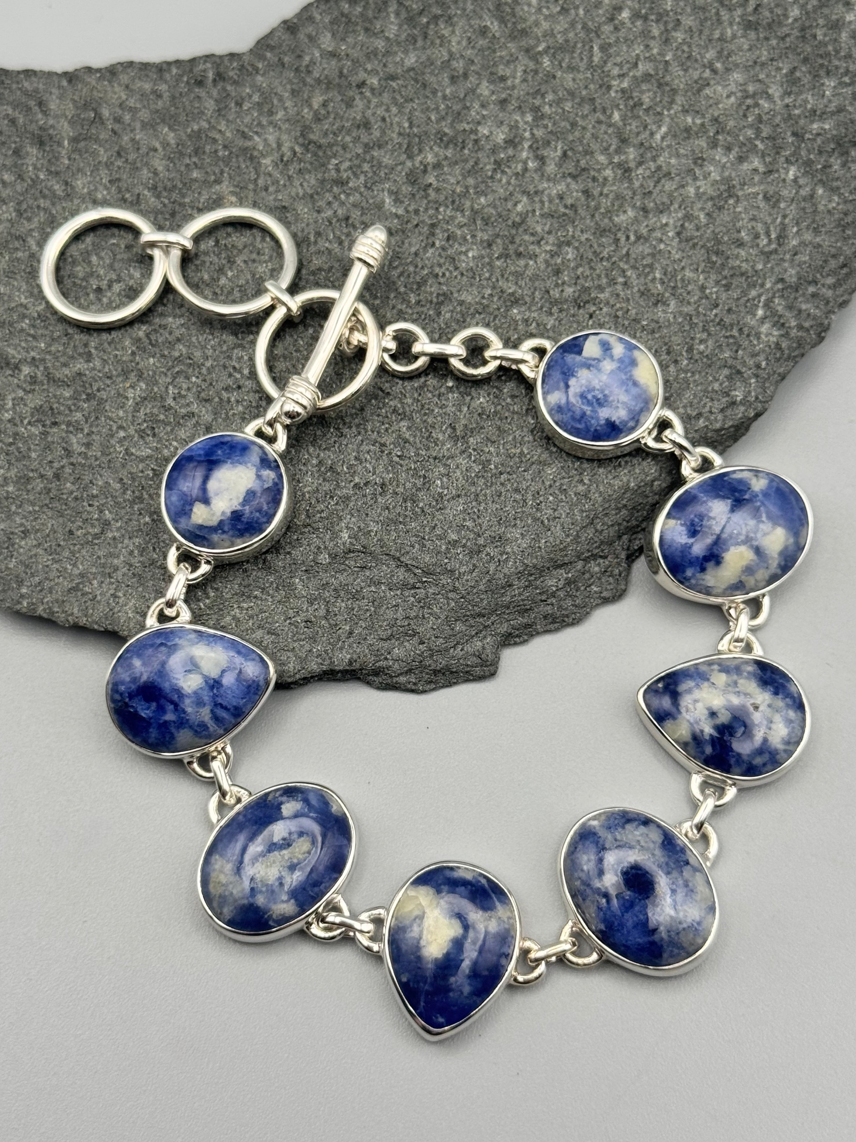 •SODALITE- GEO MIX• linked silver bracelet (7.25" - 8.5")