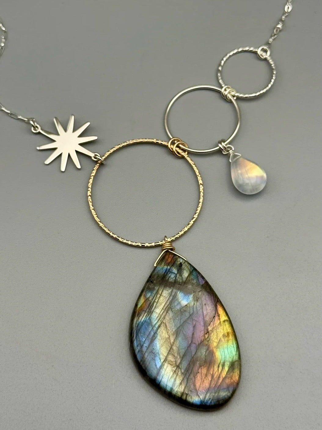 •UNION• rainbow moonstone + labradorite mixed metal necklace (16"-18" long)