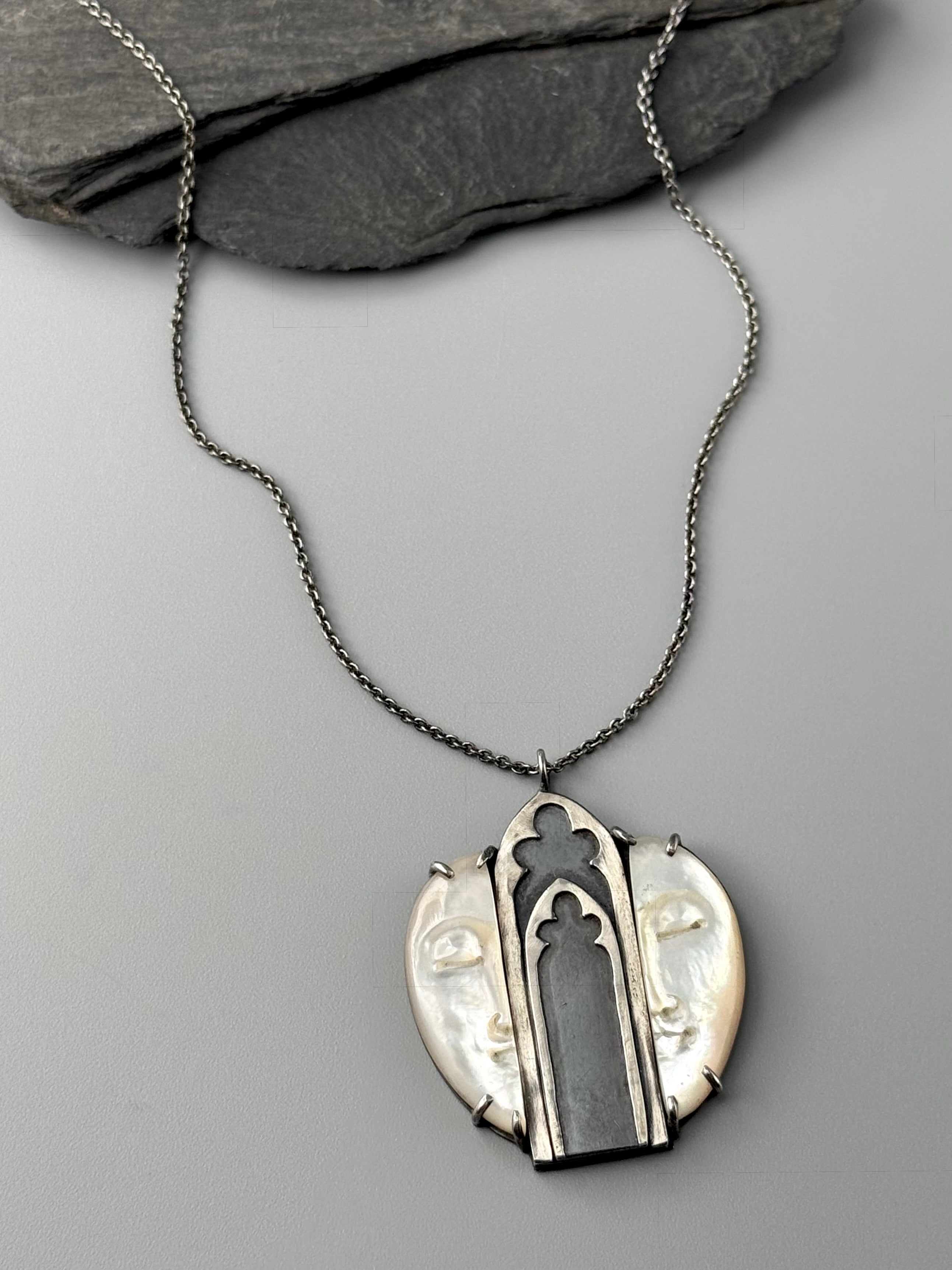 •GOTHIC ARCH + CAMEO• mother of pearl + silver necklace (18" long)
