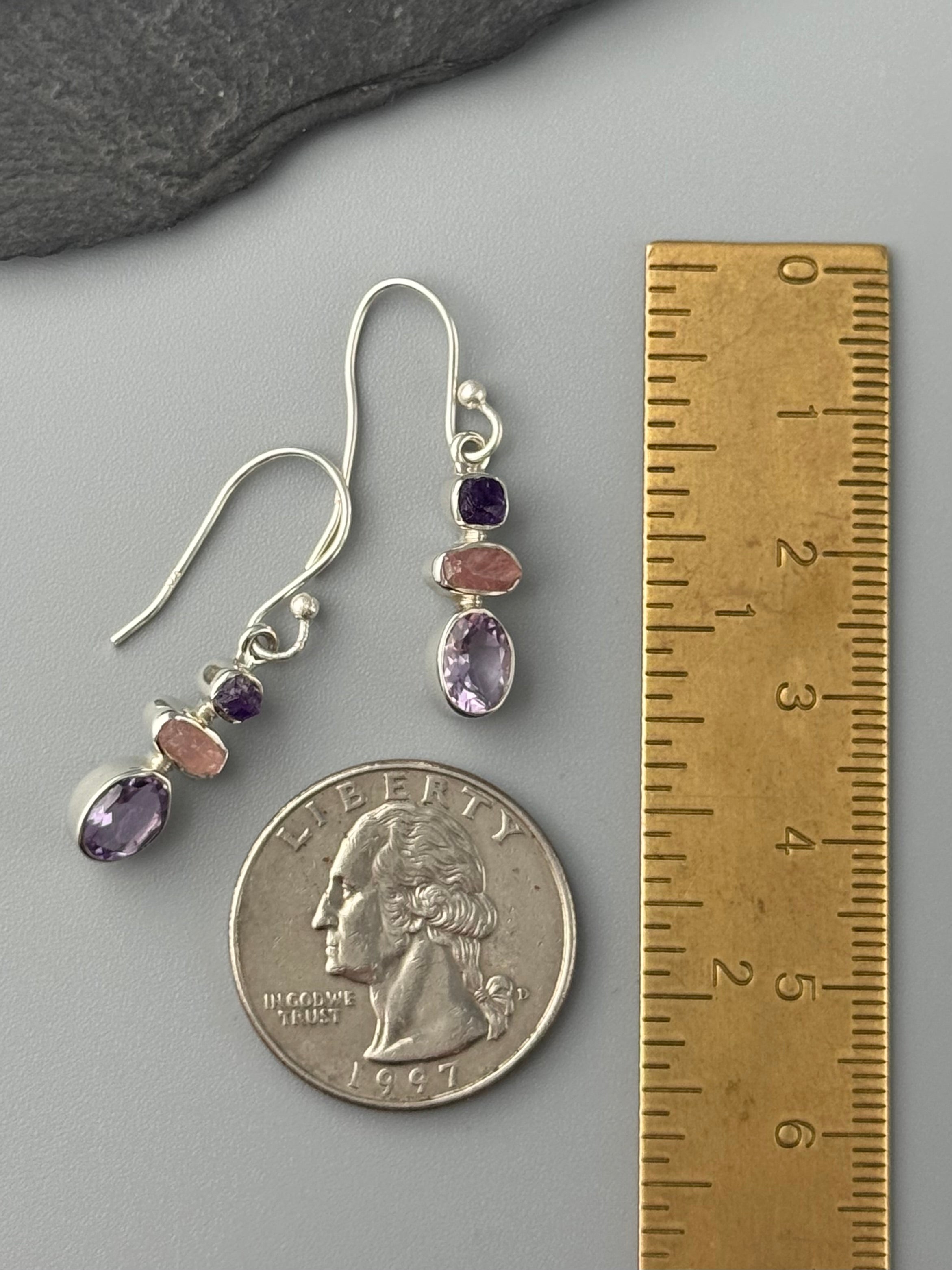 •AMETHYST + ROSE QUARTZ - OVAL STACK• silver dangle earrings