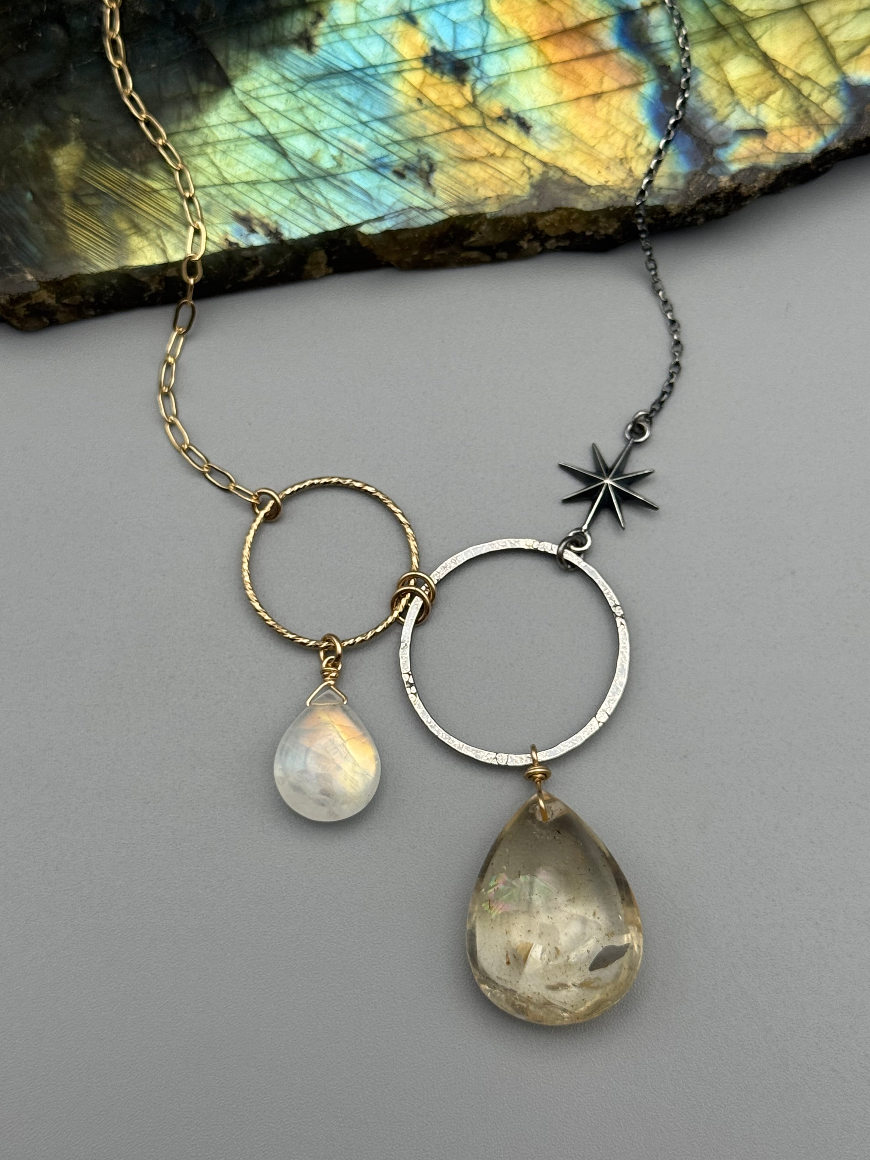 •UNION• rainbow moonstone + citrine mixed metal necklace (18"-20" long)