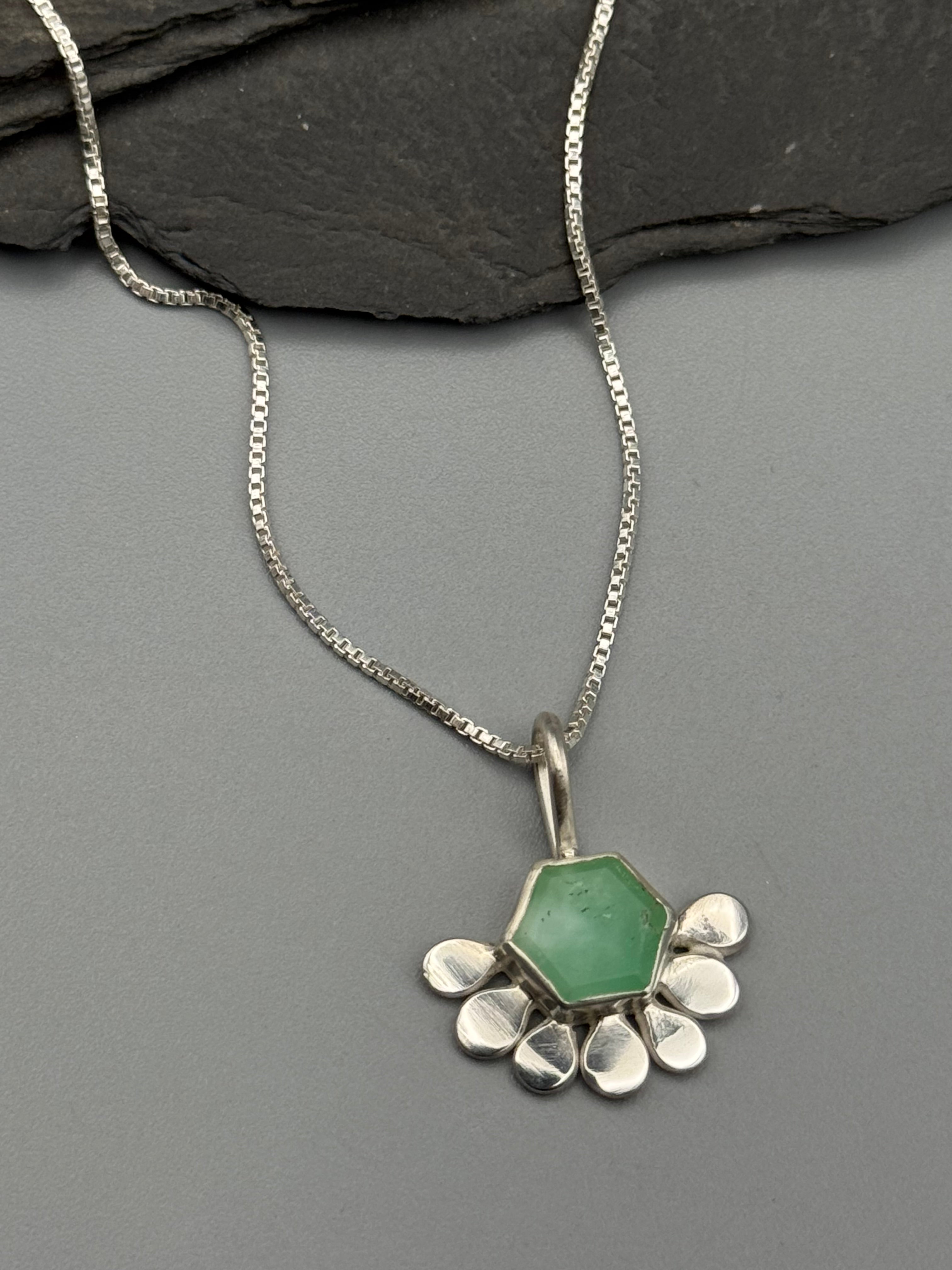 •LIL’ POLLINATOR• chrysoprase hex + silver necklace (16" long)