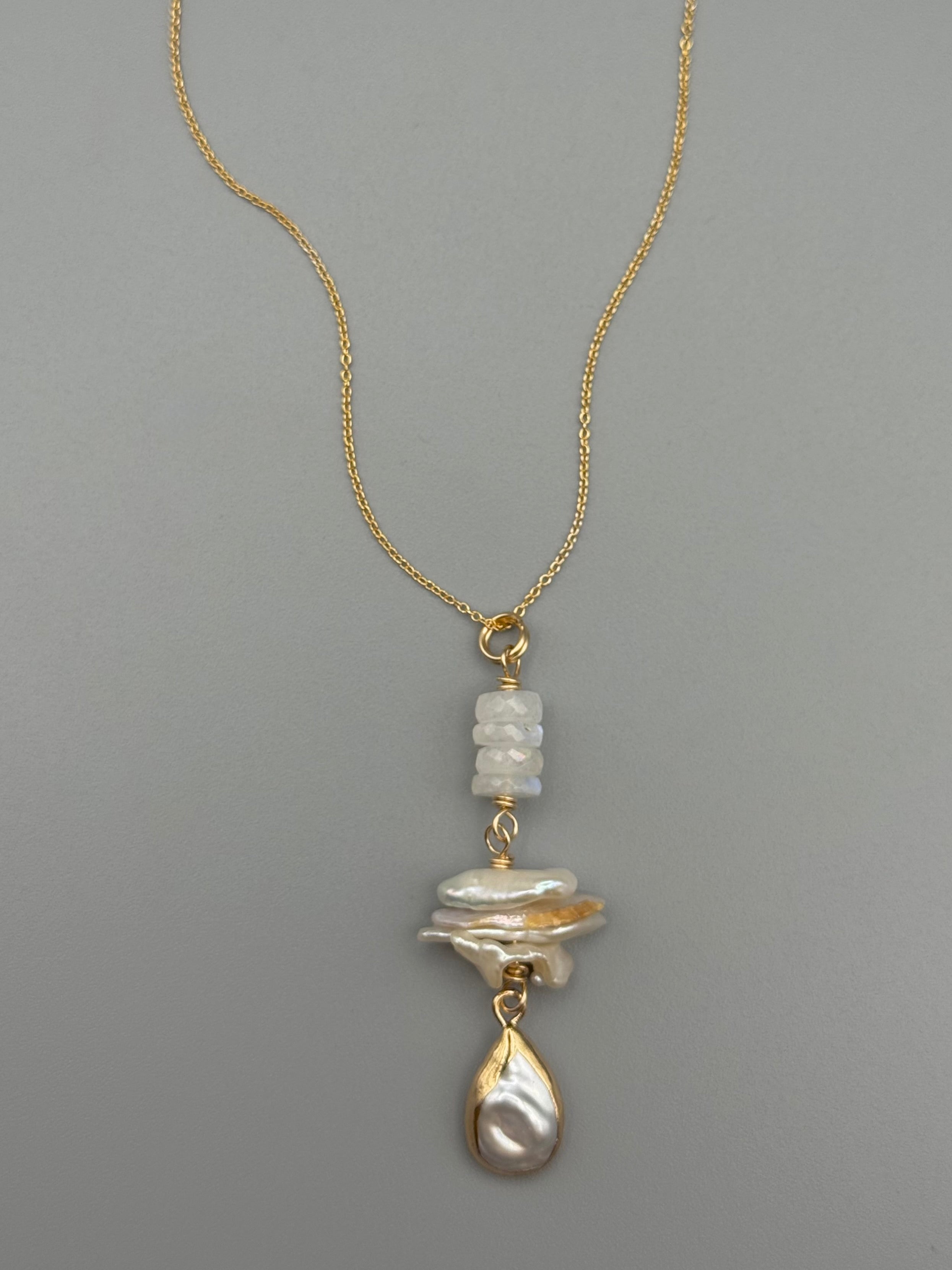 •BEACH STACK• pearl + moonstone gold Y-necklace (18" long)
