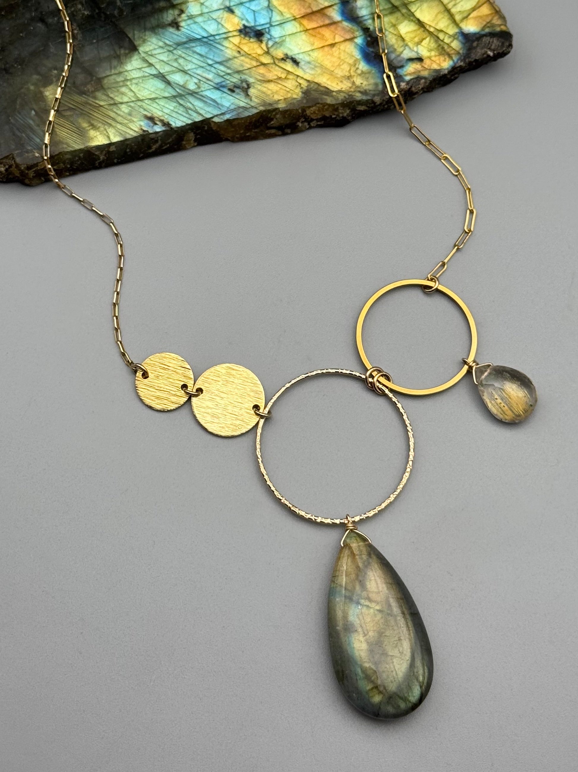 •UNION• rutilated quartz + labradorite gold necklace (16"-18" long)