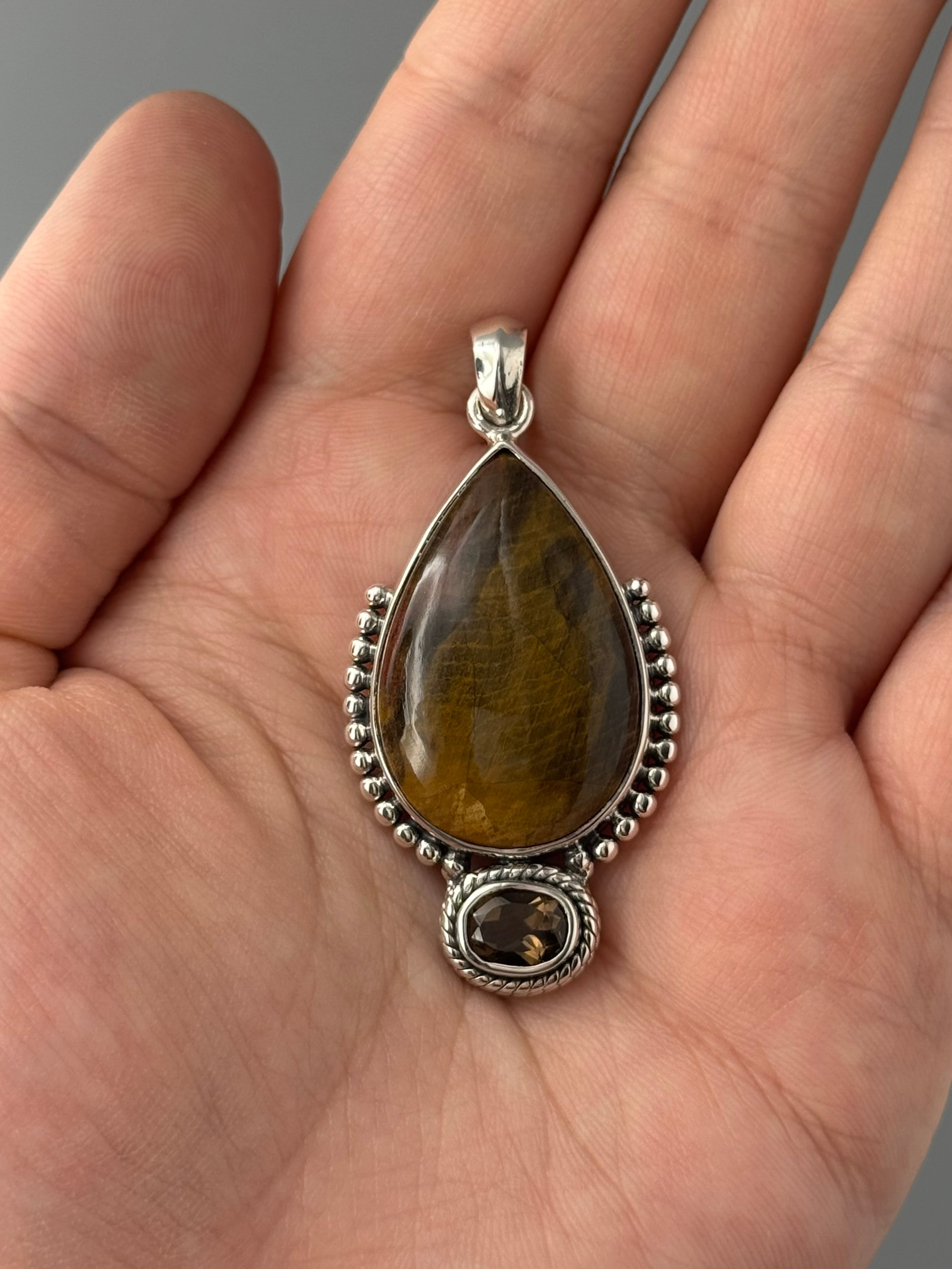 •PETRIFIED WOOD + SMOKY QUARTZ - 2• sterling silver pendant