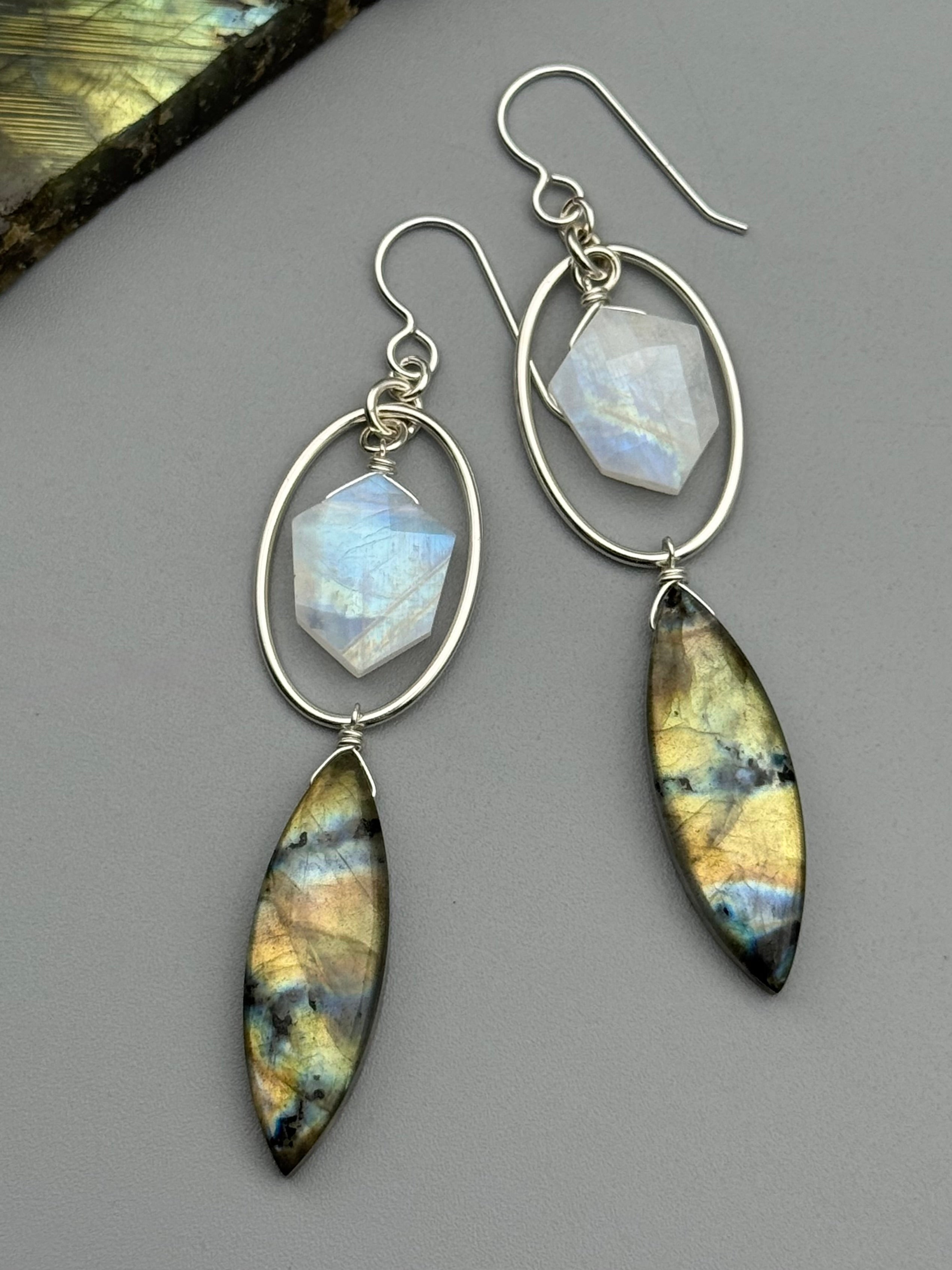 •LUNA• rainbow moonstone + labradorite silver earrings