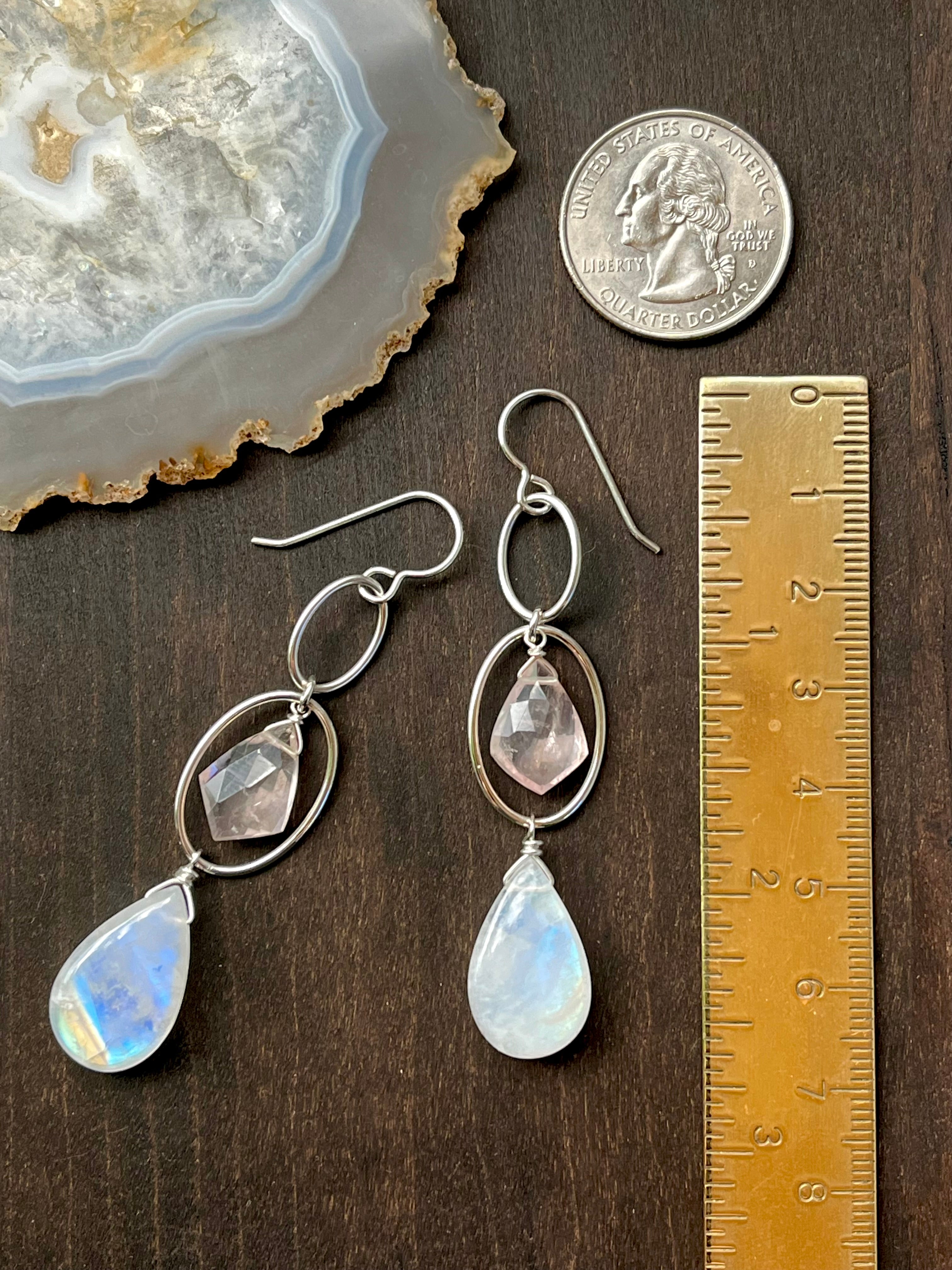 •DOUBLE LUNA• rainbow moonstone + rose quartz silver dangle earrings