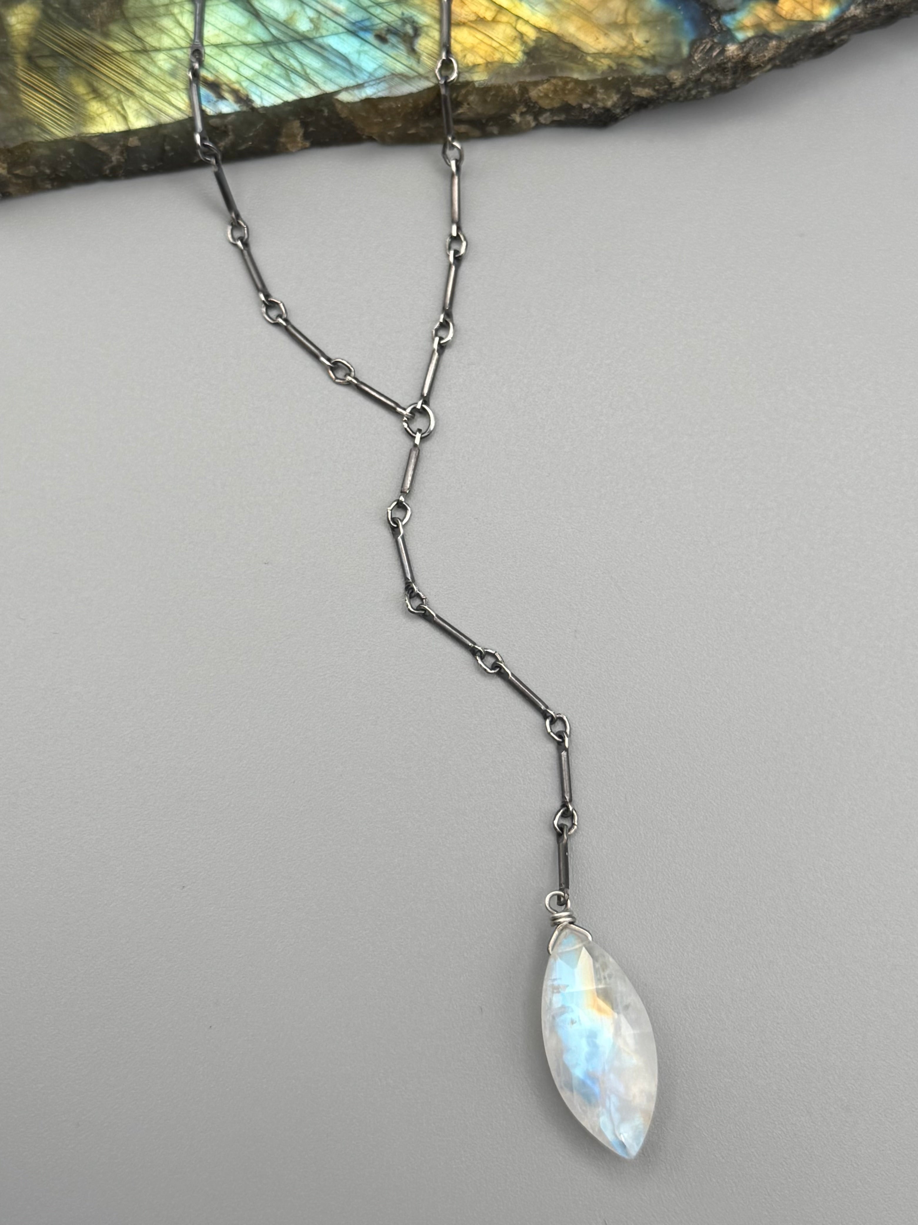 •STICKS & STONE• rainbow moonstone marquise + silver necklace (18"-20" + 3" drop)