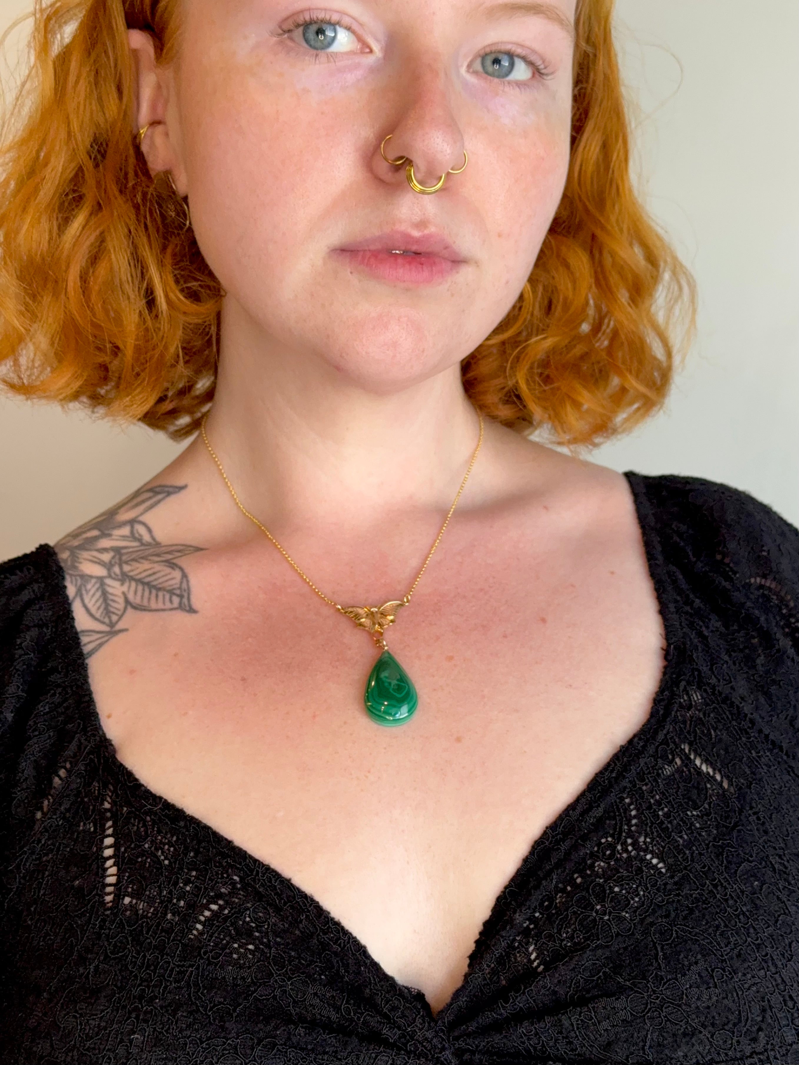 •GUIDE• malachite + moth + gold necklace (18"-20" long)