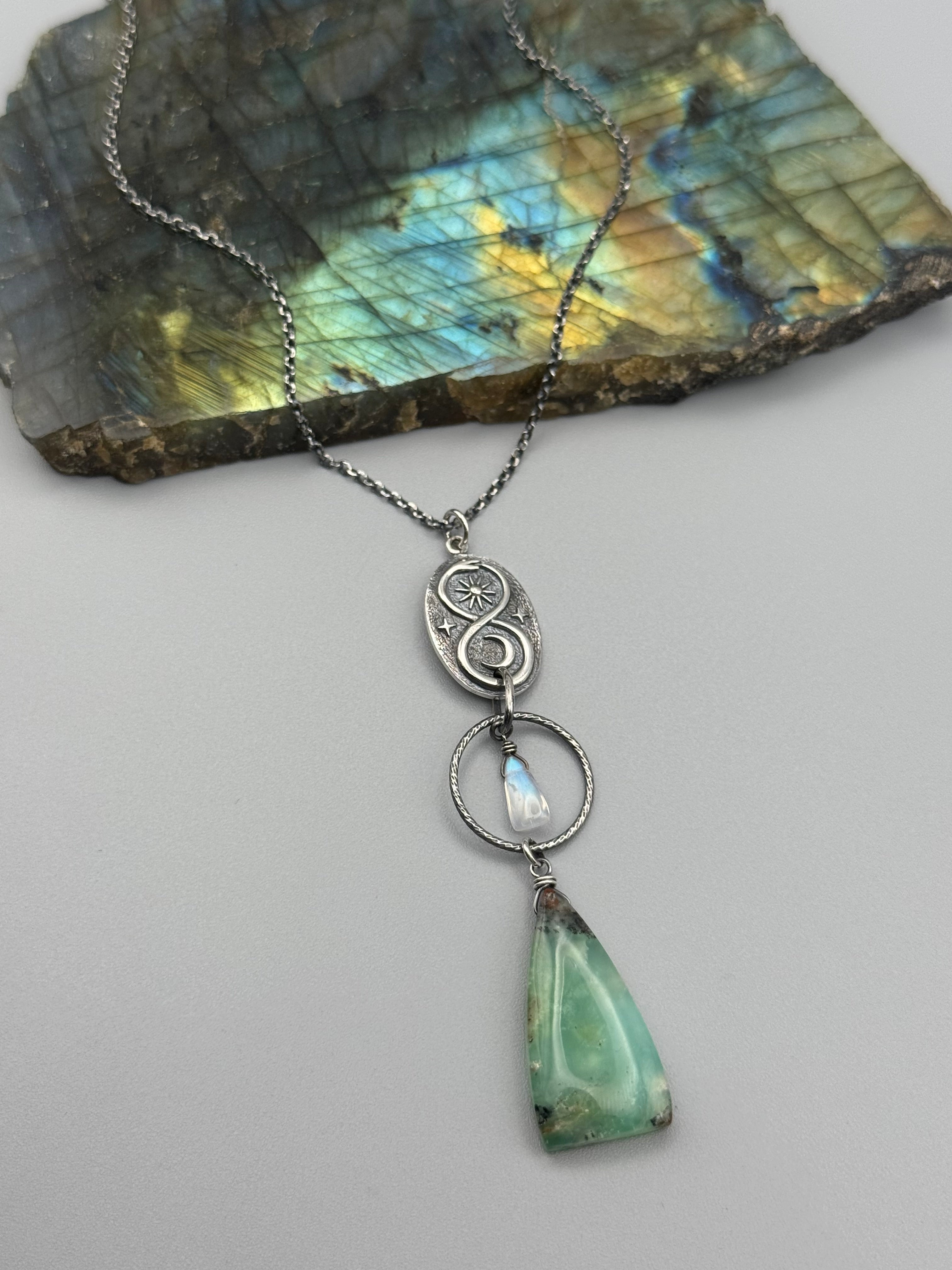 •NĀGA• rainbow moonstone + chrysoprase silver necklace (18"-20" long)