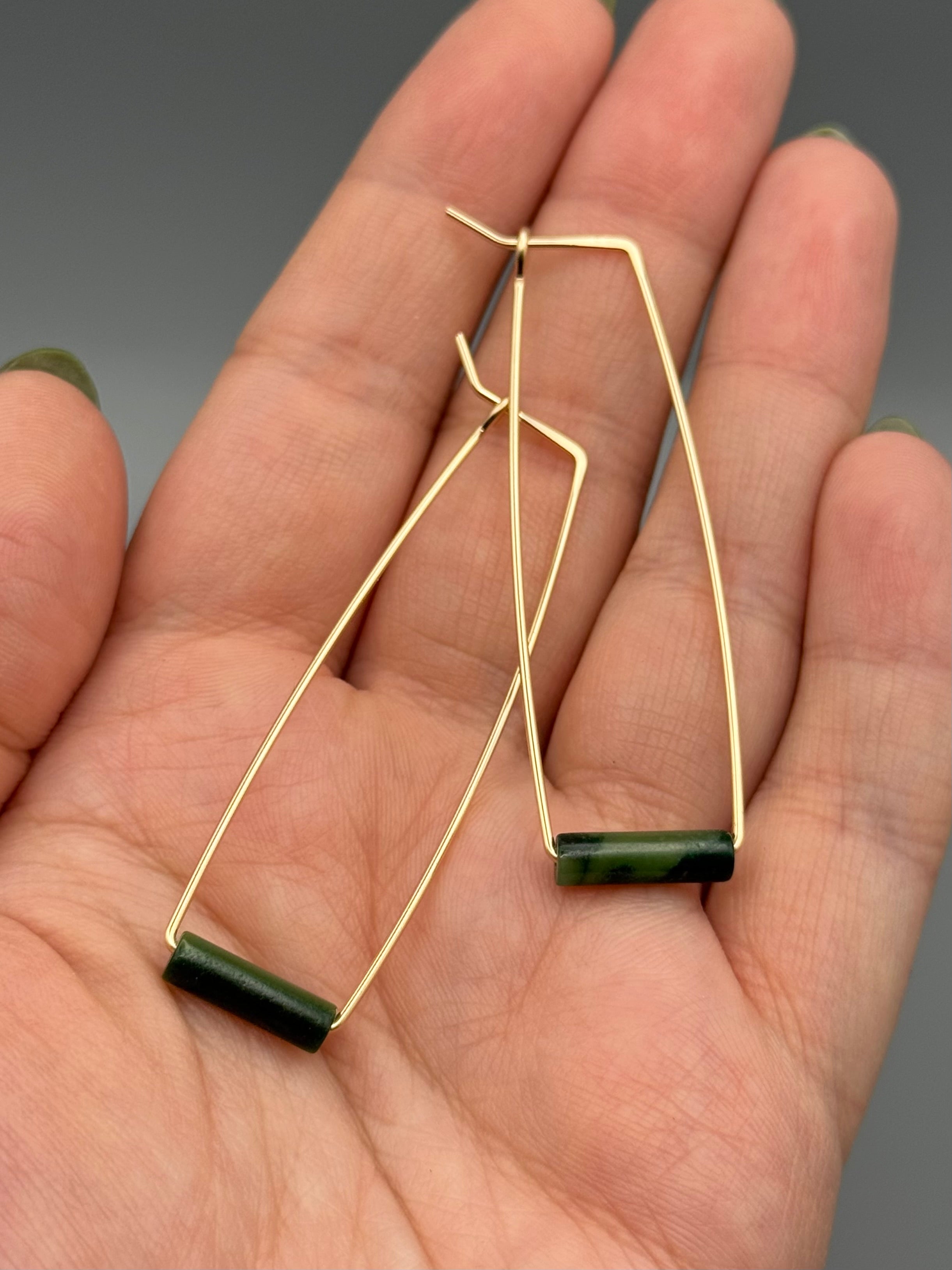 •RECTANGLE TUBE HOOP• jade + gold earrings