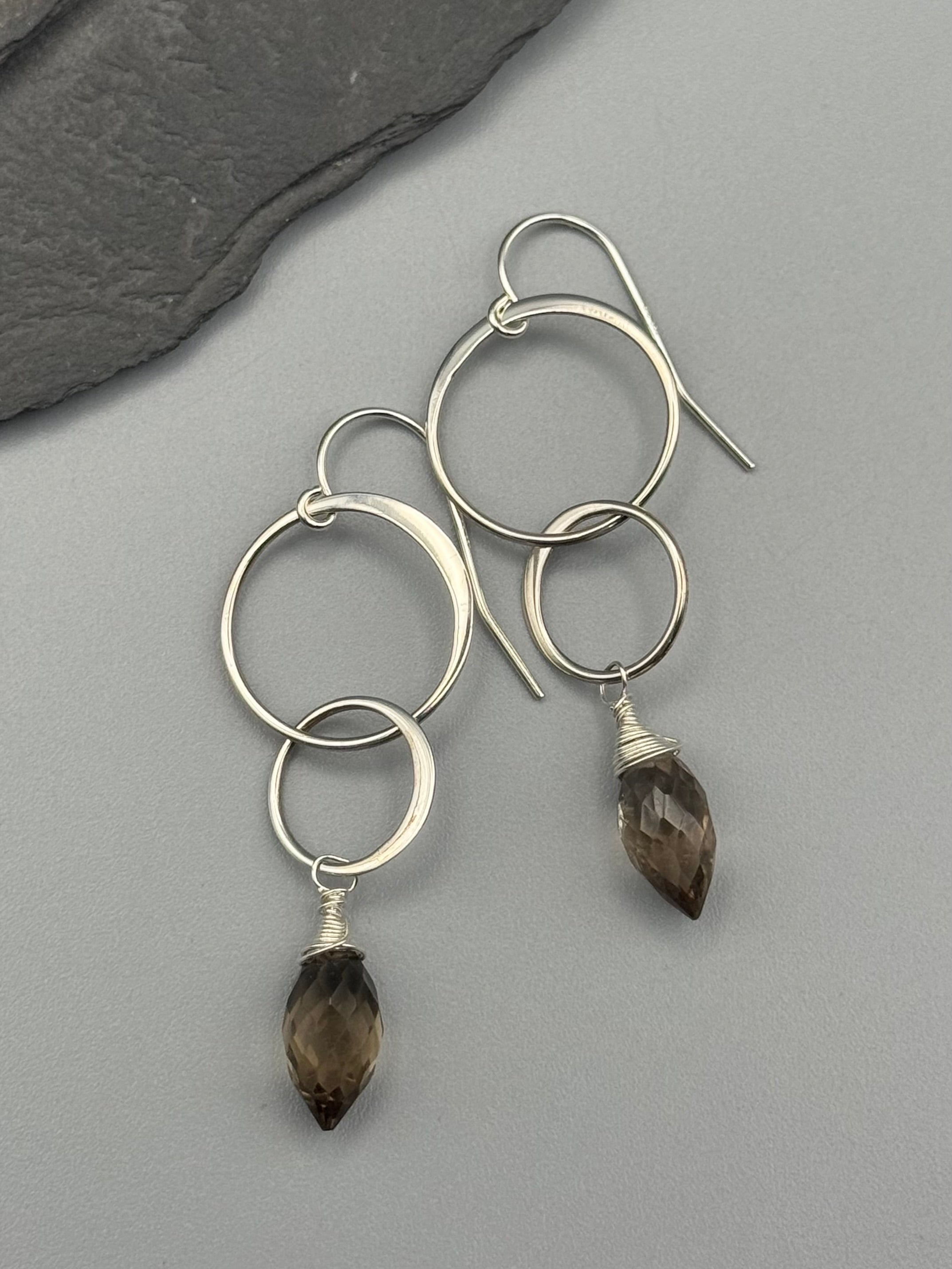 •DOUBLE HOOP• smoky quartz + silver earrings
