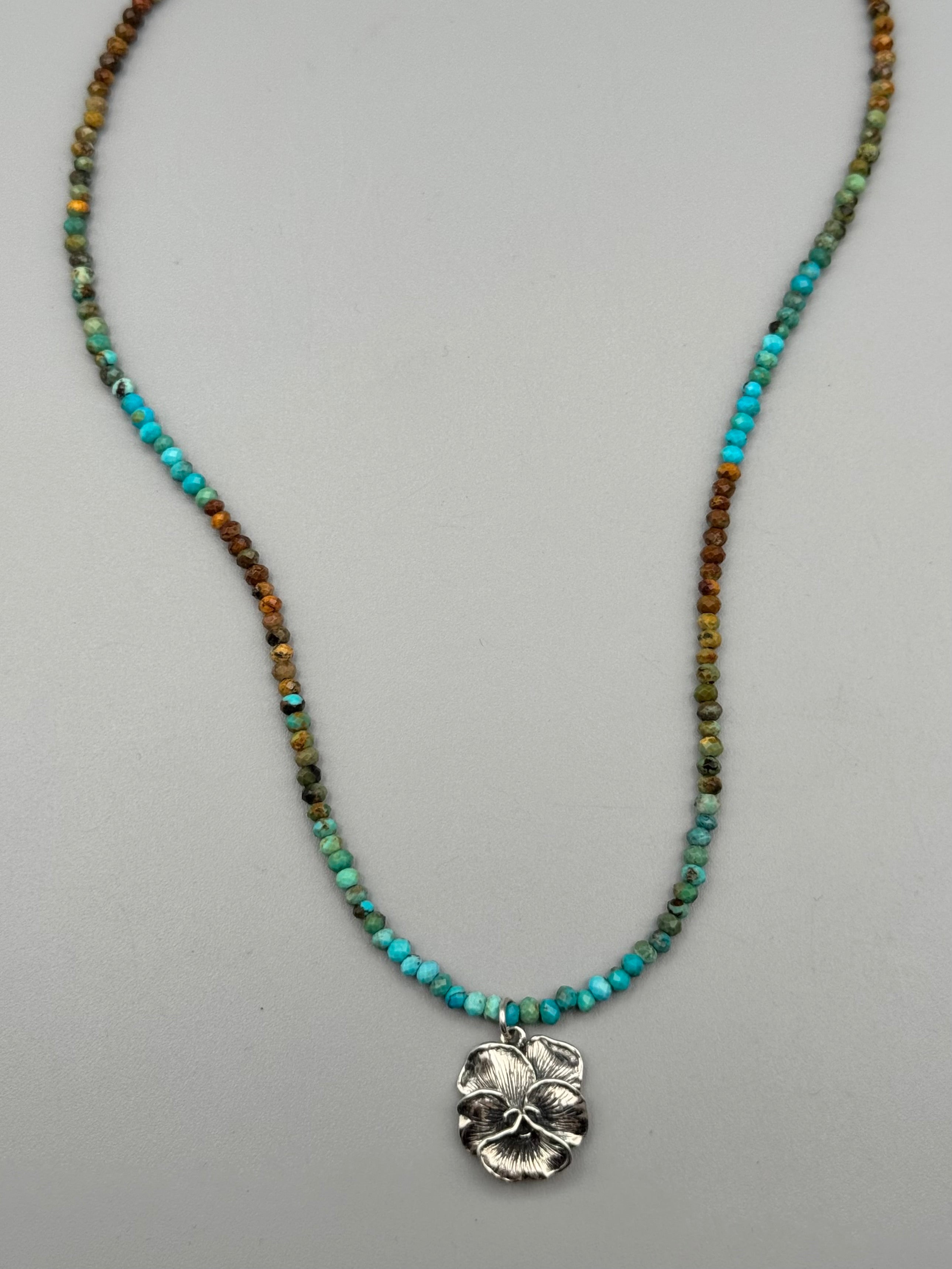 •TURQUOISE - PANSY• silver beaded necklace (16" - 18" long)