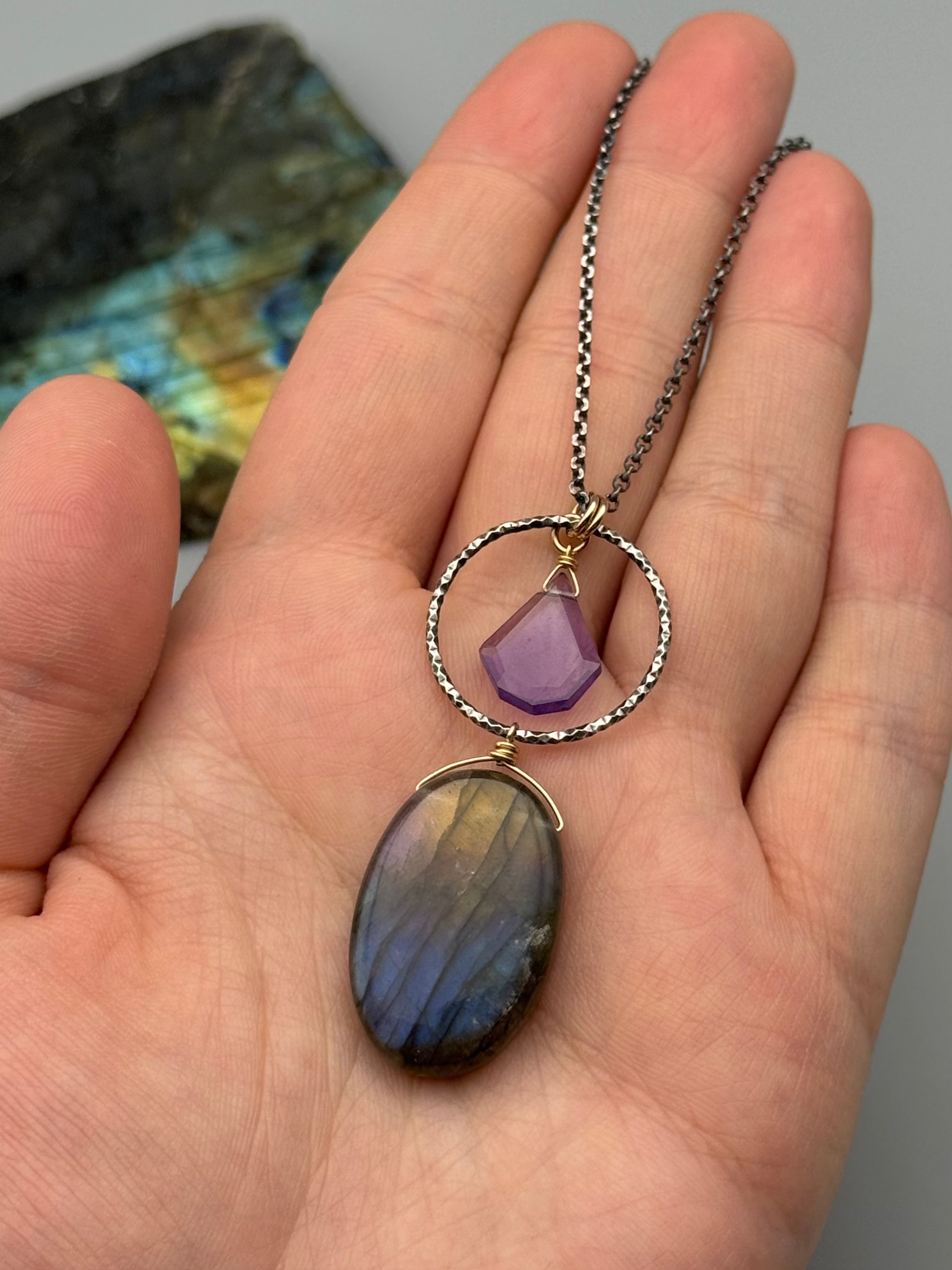 •LUNA• amethyst + labradorite mixed metal necklace (16"-18" long)