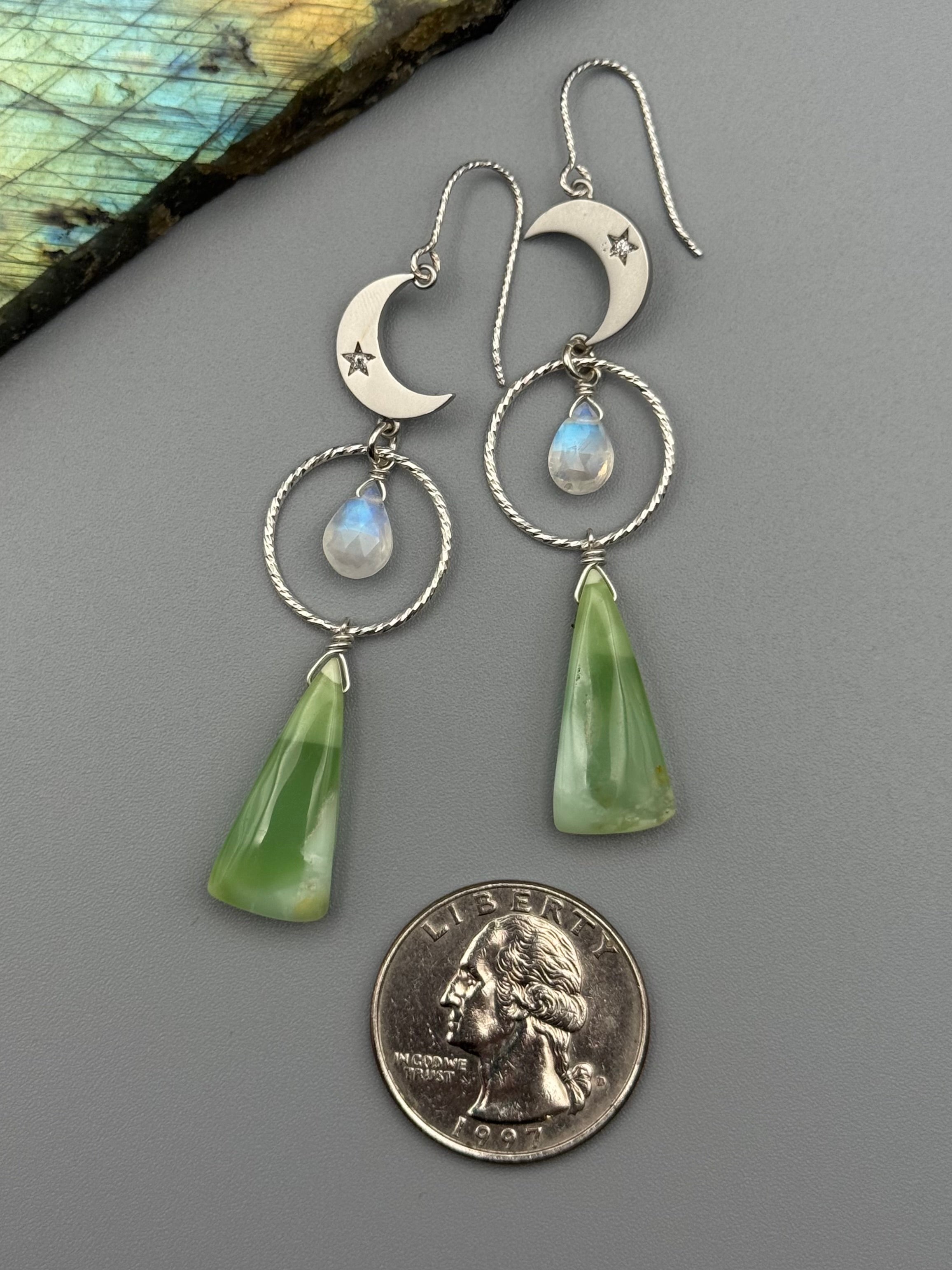 •NYX• rainbow moonstone + chrysoprase silver earrings