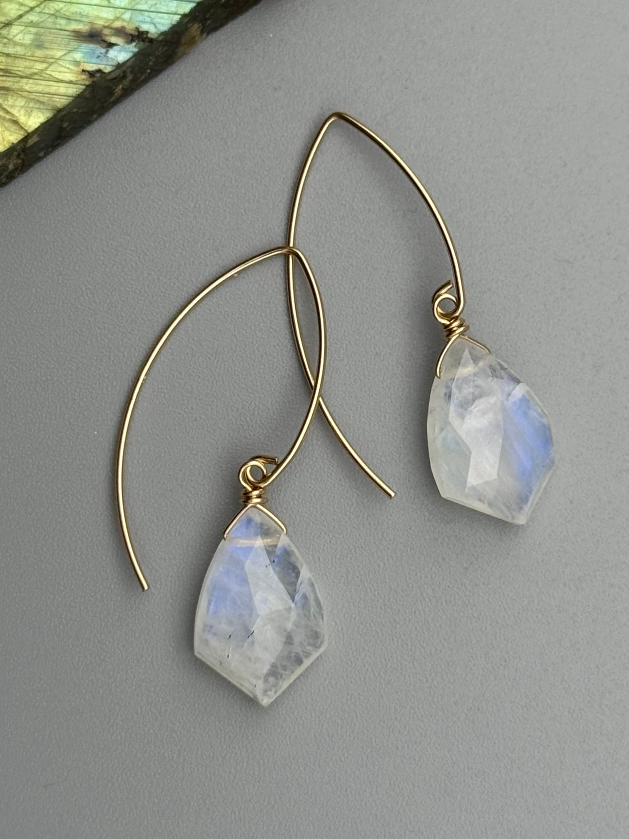 •STRAY• rainbow moonstone sparrow + gold earrings