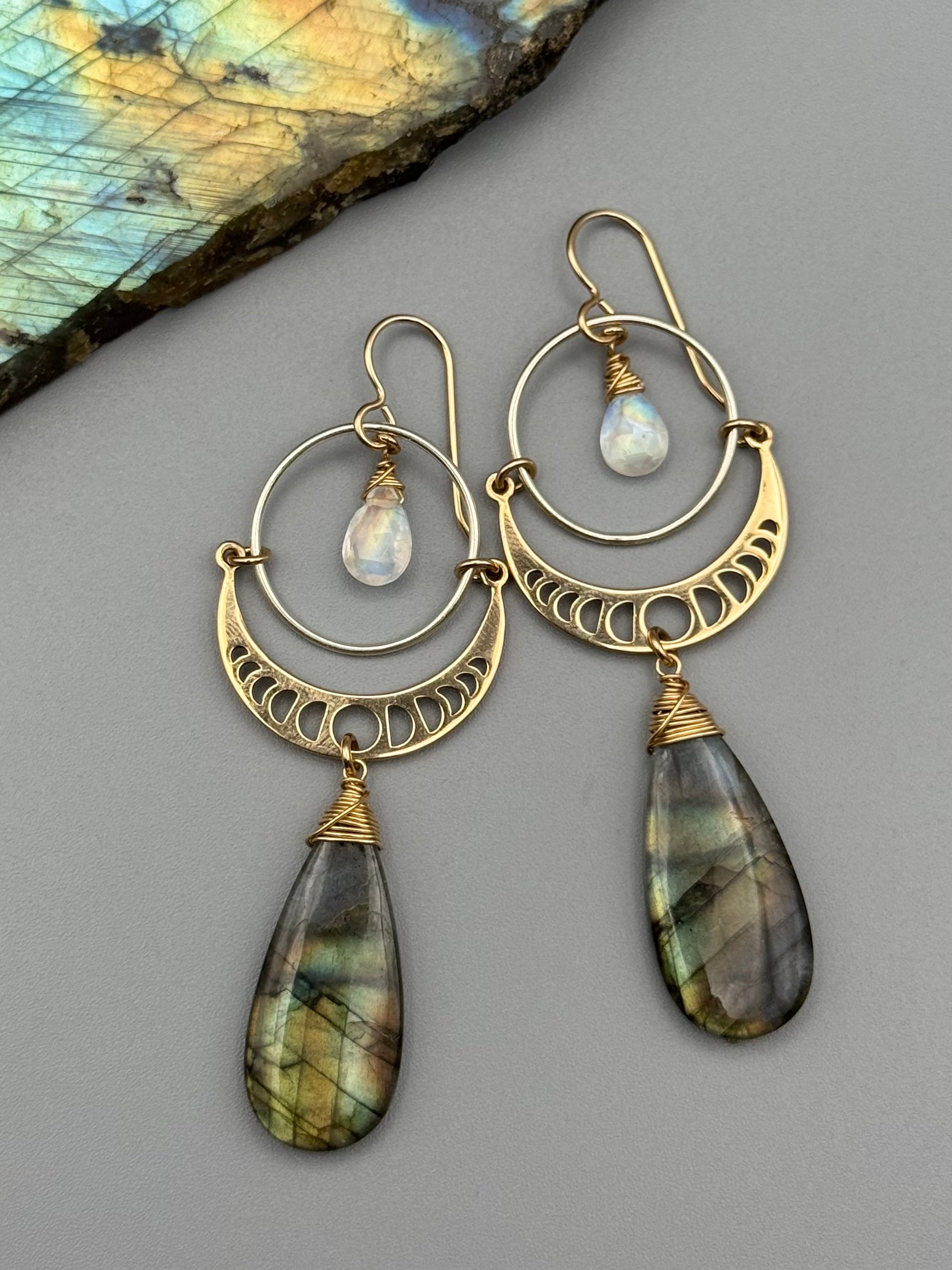 •MOON SHADOWS• rainbow moonstone + labradorite mixed metal earrings